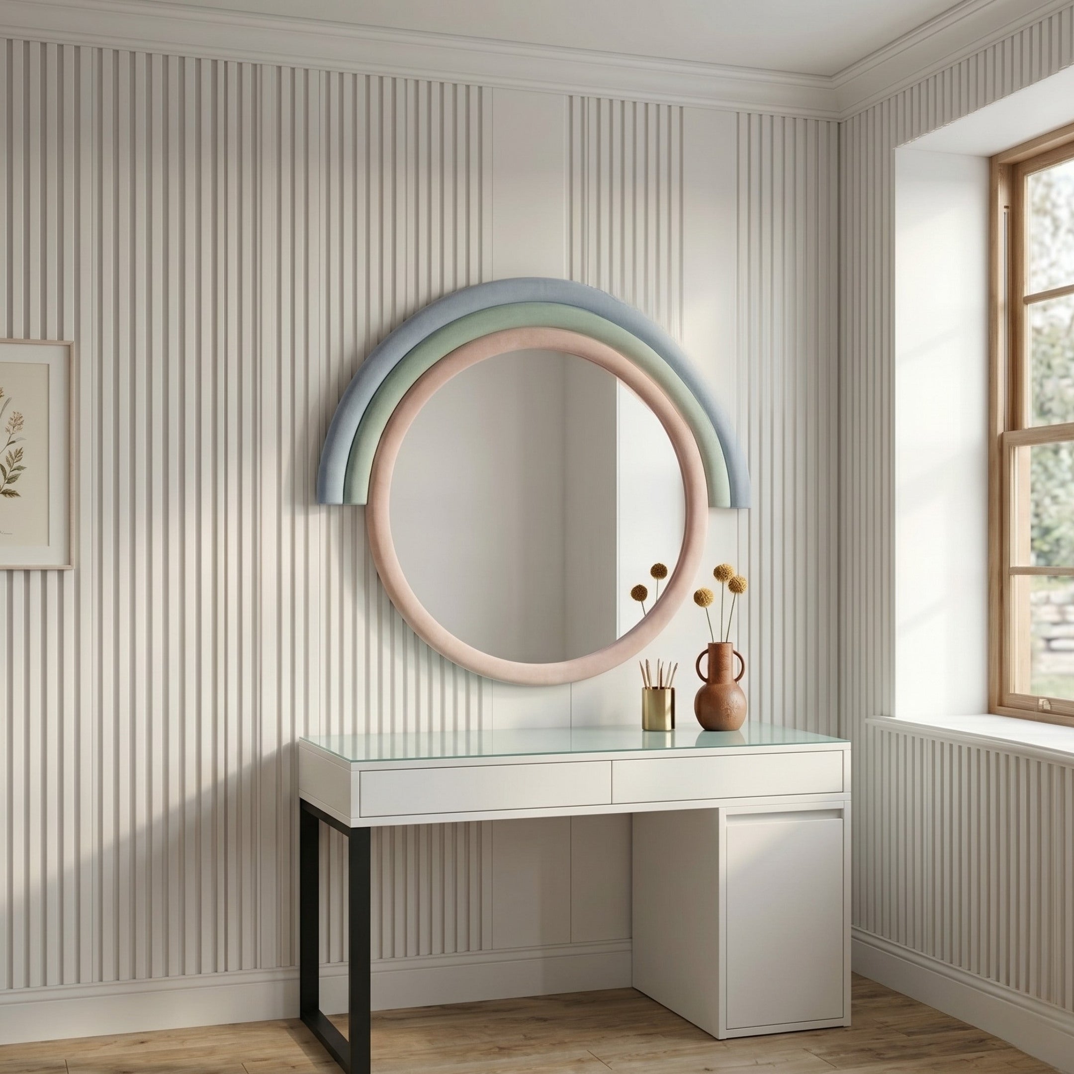 A modern vanity with a white top and black legs stands by a paneled wall. Above it hangs the Arcaluna Sky & Mint Layered Round Mirror 3D Wall Art by Giant Sculptures, framed in pastels. A vase with dried flowers sits on the sunlit tabletop.
