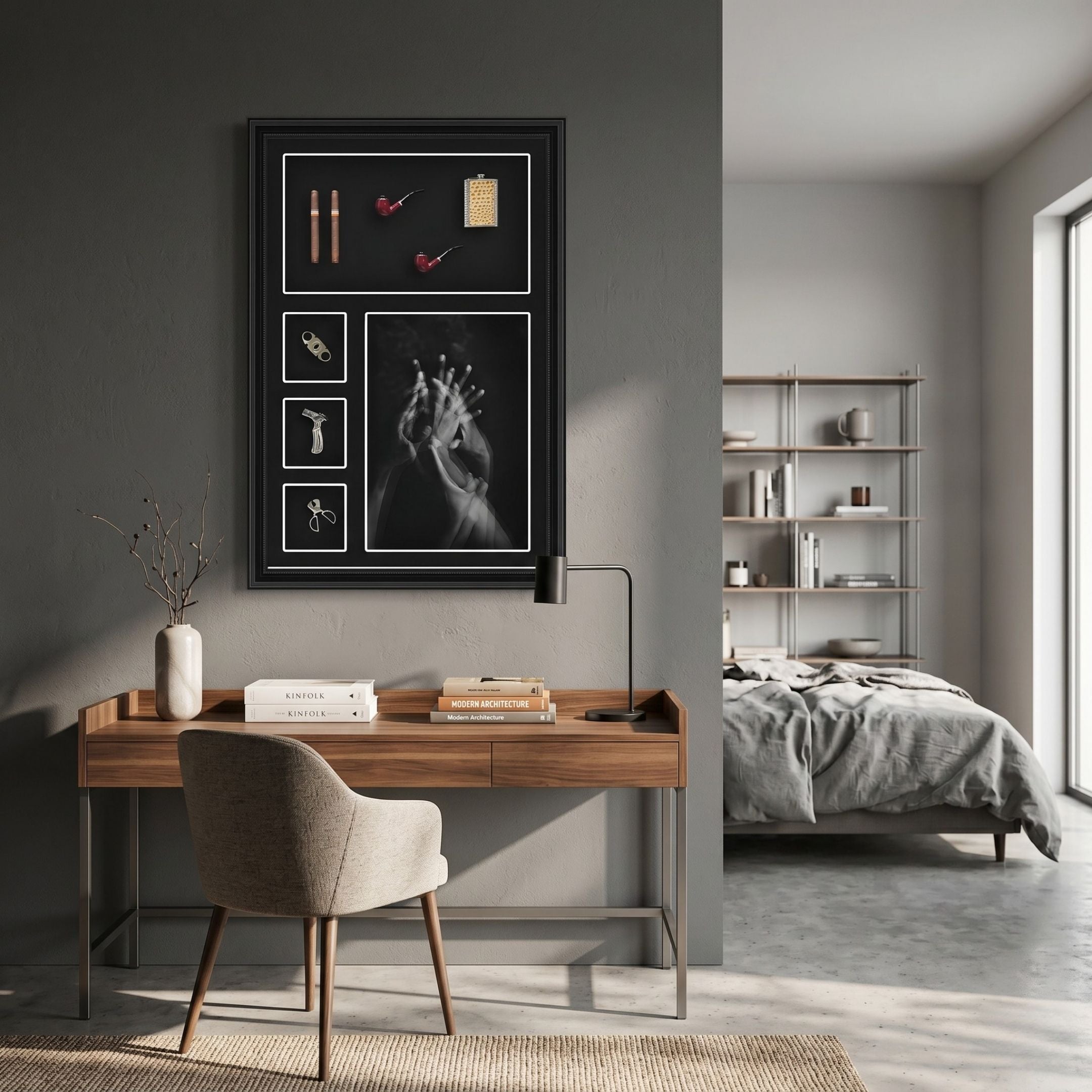 Curatoria Cigar & Hand Study Framed Wall Art by Giant Sculptures displaying cigars, pipes, flask, and hand photograph, mounted above a walnut desk in a grey bedroom.