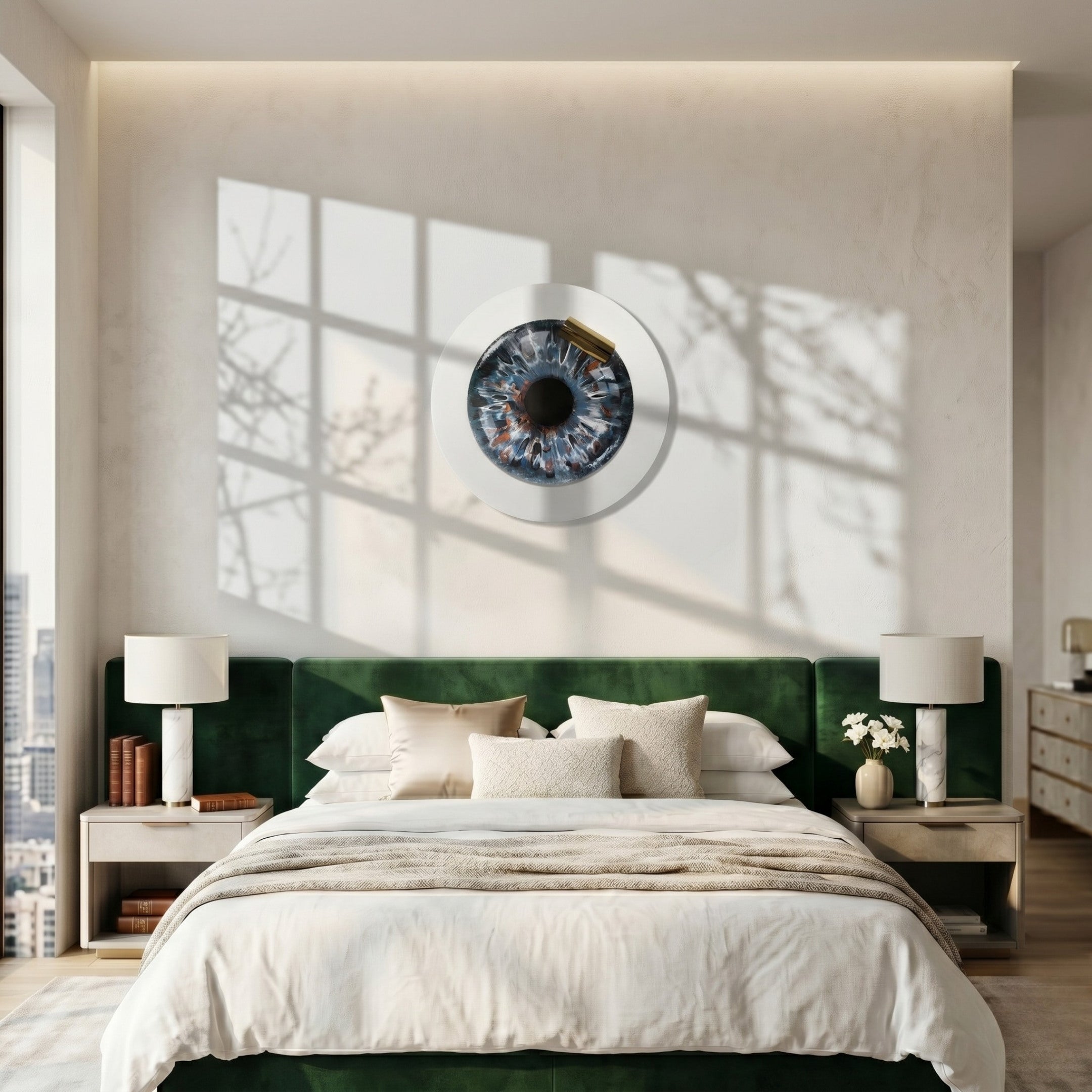 A modern bedroom features a green velvet headboard, white bedding, two bedside tables with lamps and flowers, and the Iriselle Amber Flare Crystal Porcelain Round 3D Wall Art by Giant Sculptures above the bed. Sunlight casts window-frame shadows on the wall.