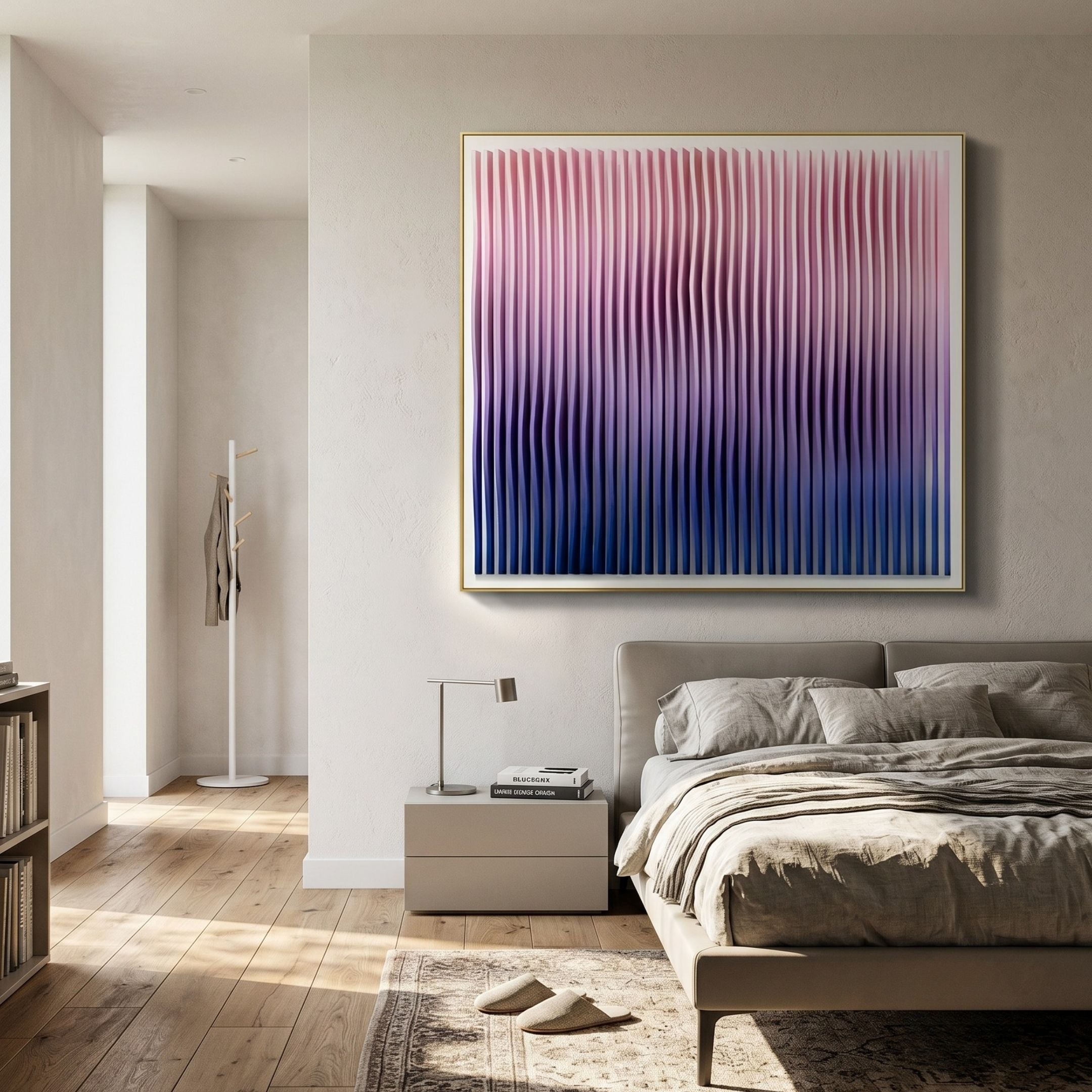 Current III Rose Plum & Midnight Purple Acrylic 3D Wall Art by Giant Sculptures displayed above a nightstand in a modern bedroom with a linen-dressed bed.
