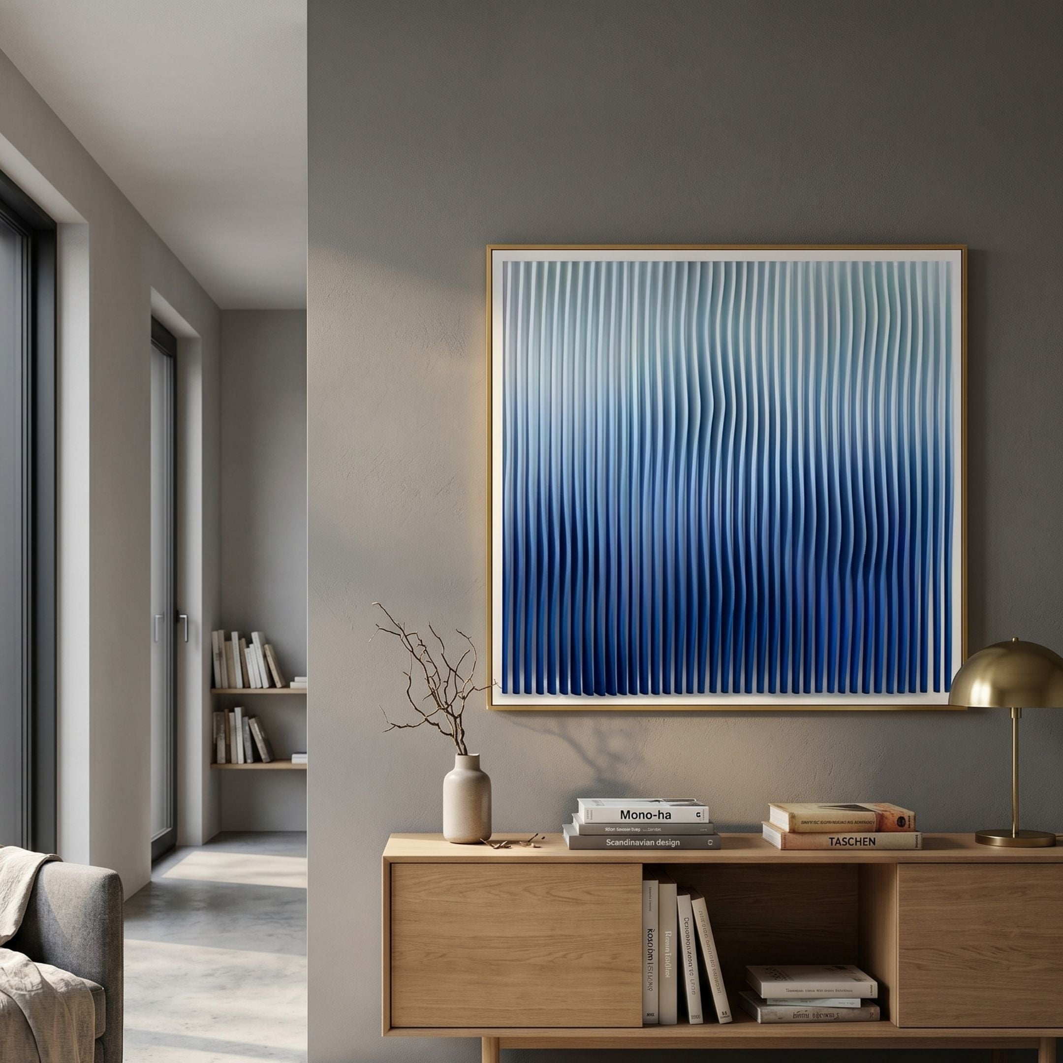 Current III Navy Sky & Icy White Acrylic 3D Wall Art by Giant Sculptures with gold frame, displayed above an oak console in a modern grey living room.