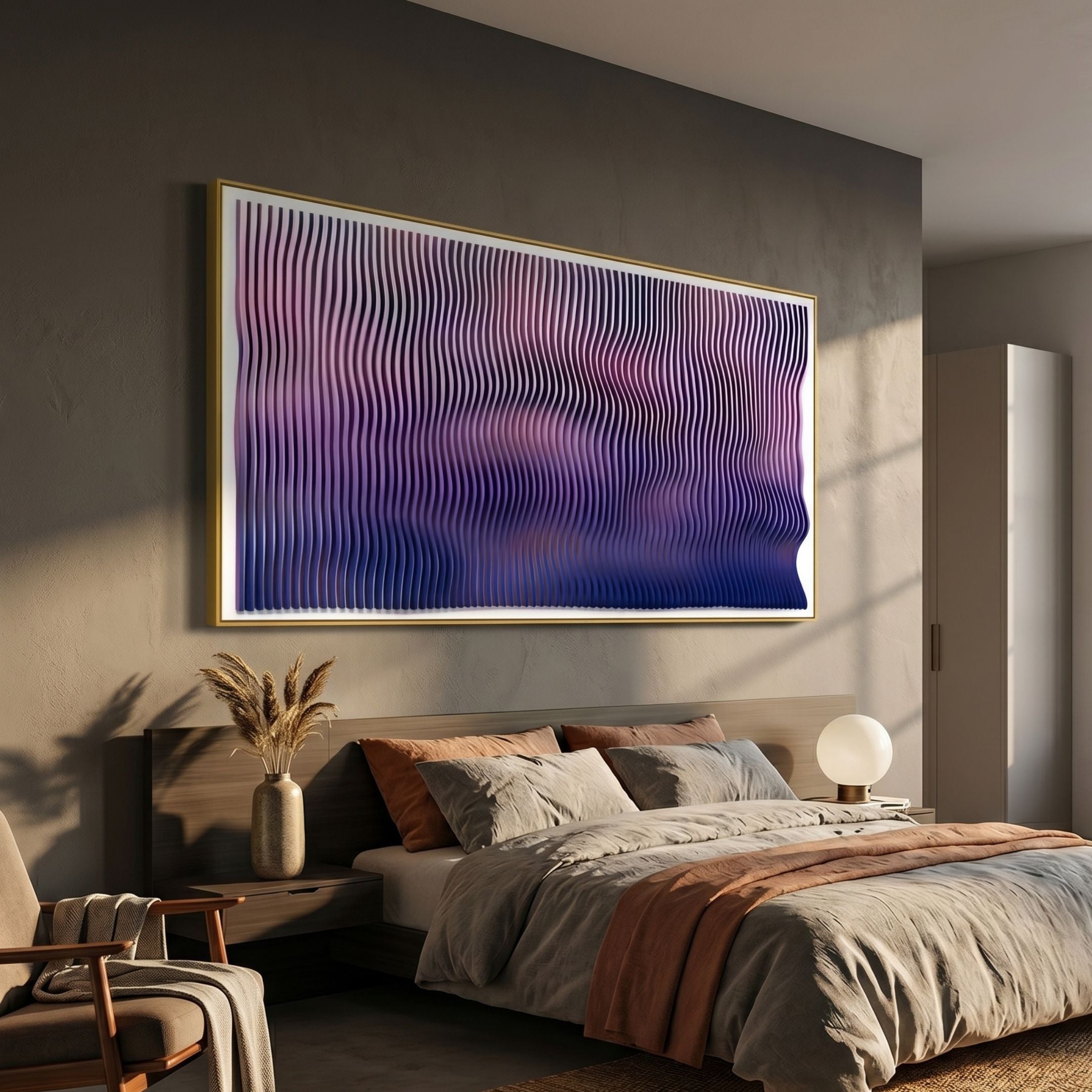 Current II Rose Plum & Midnight Purple Acrylic 3D Wall Art by Giant Sculptures with gold frame, displayed above a bed with grey linens and rust pillows.