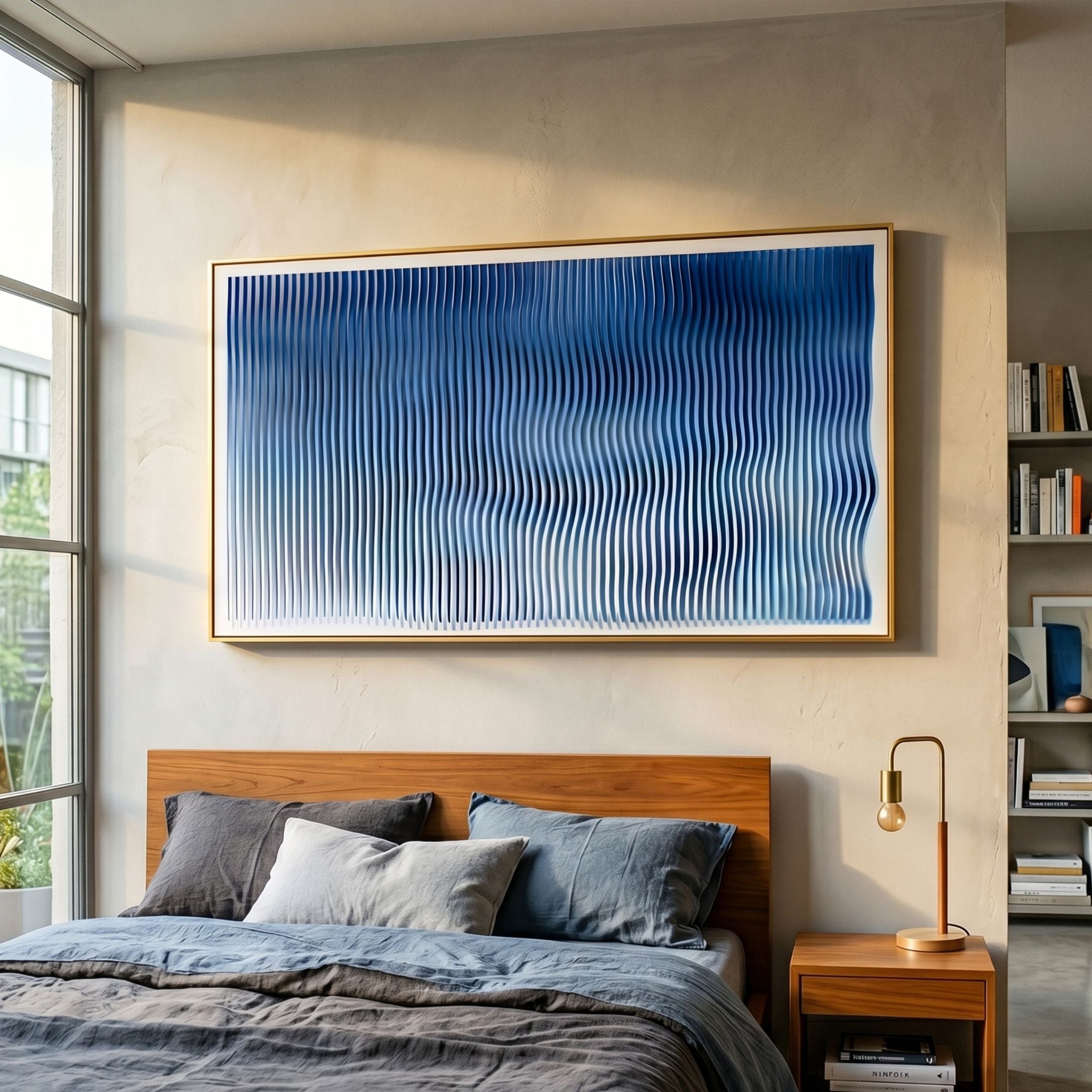 Current II Navy Sky & Icy White Acrylic 3D Wall Art by Giant Sculptures in a gold frame above a wooden bed with blue-grey linens in a modern bedroom.