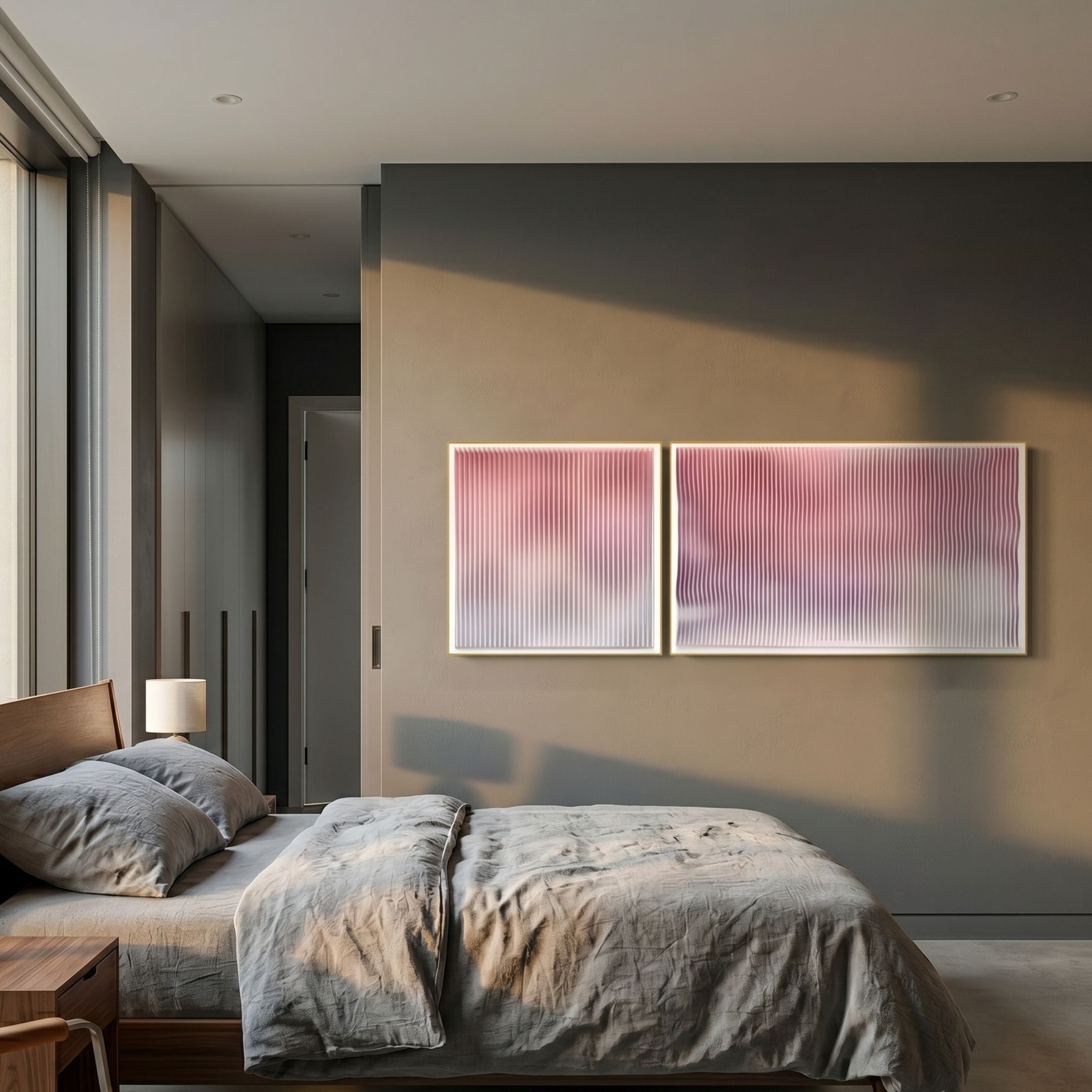 Current I Blush Coral & Snow White Acrylic 3D Wall Art by Giant Sculptures displayed as a gold-framed diptych above a bed in a modern bedroom.