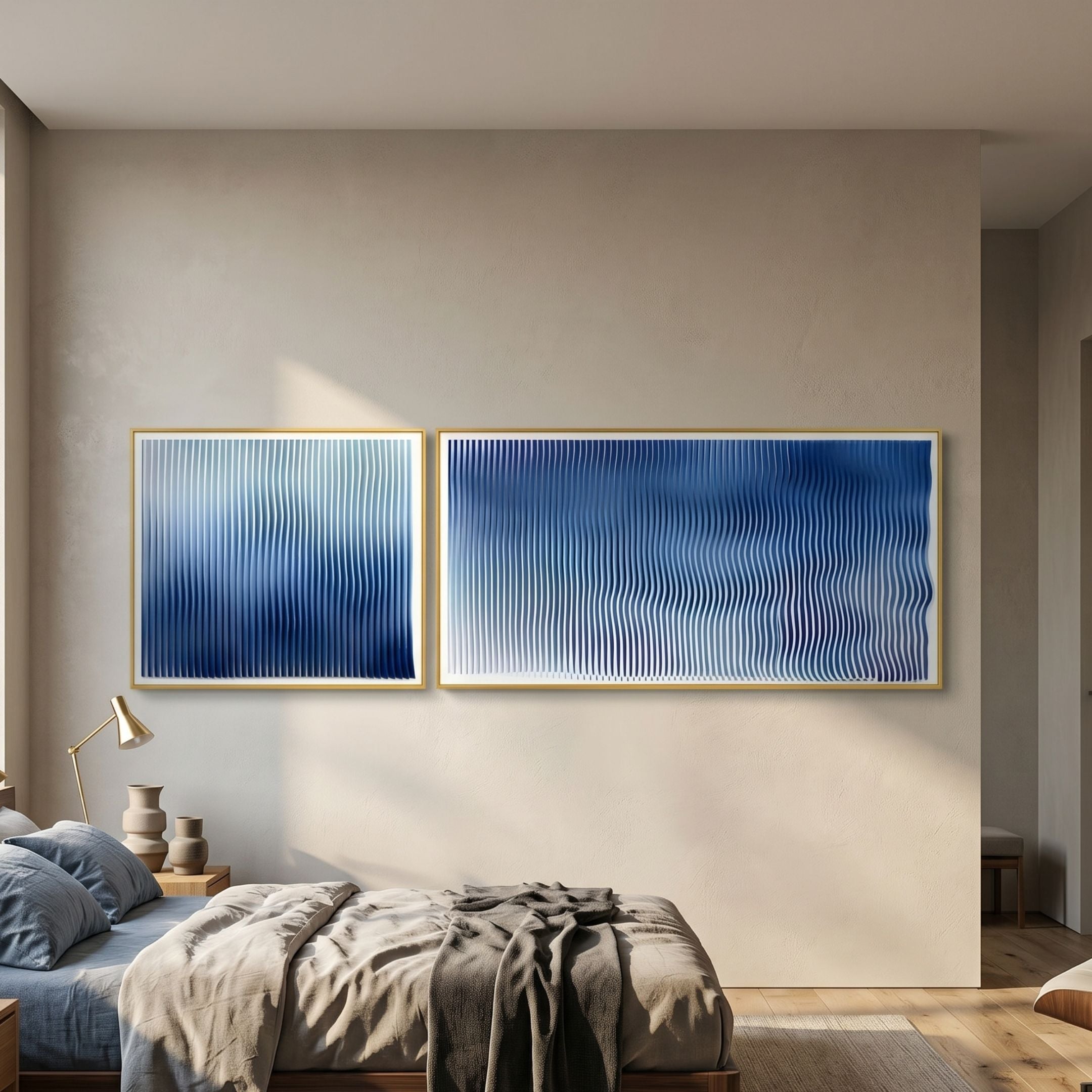 Current I Navy Sky & Icy White Acrylic 3D Wall Art diptych in gold frames above a bed with blue pillows in a modern bedroom with light walls.