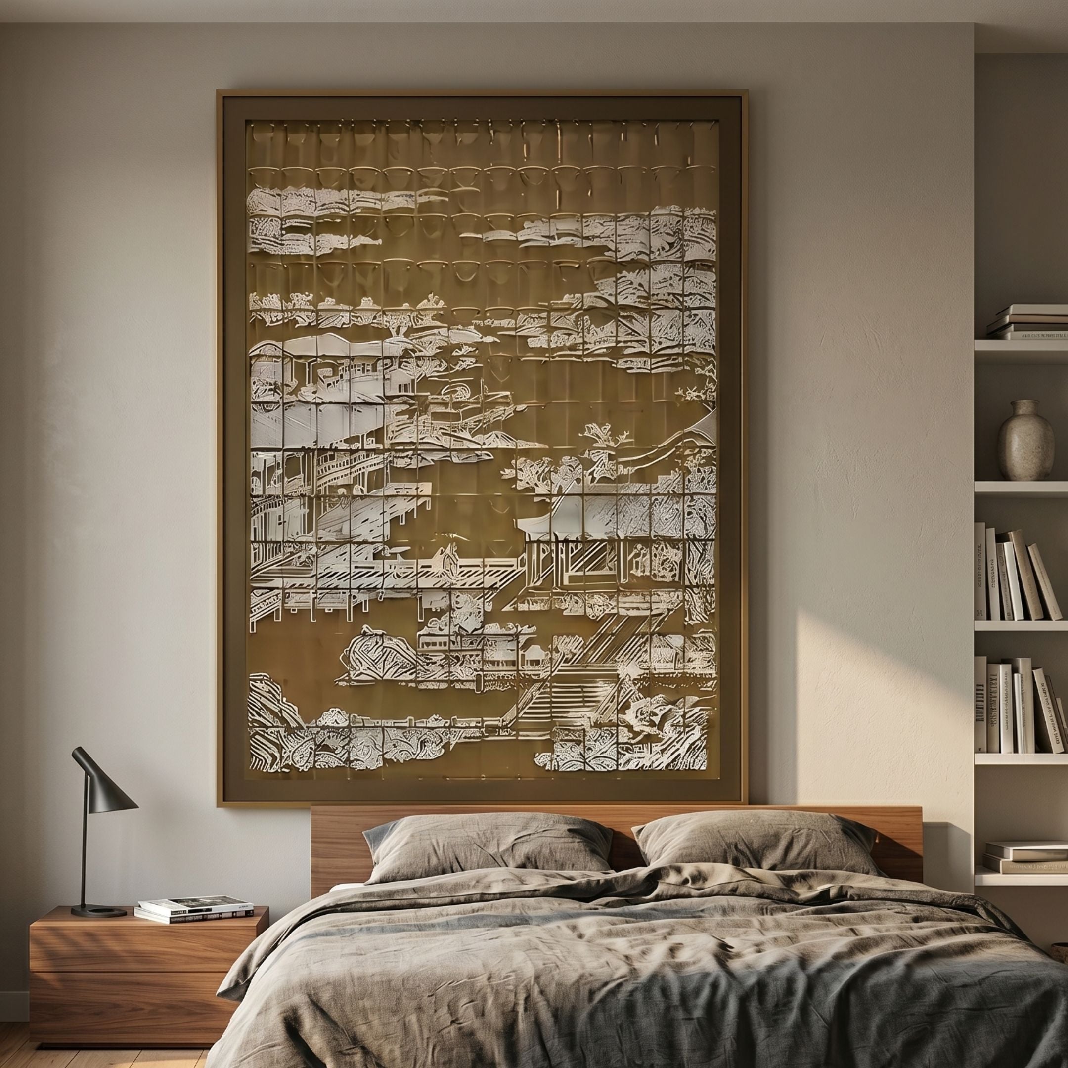 Dynasty Dark Gold Landscape Acrylic 3D Wall Art with white laser-cut Asian architecture, mounted above a wooden bed in a modern bedroom beside a bookshelf.