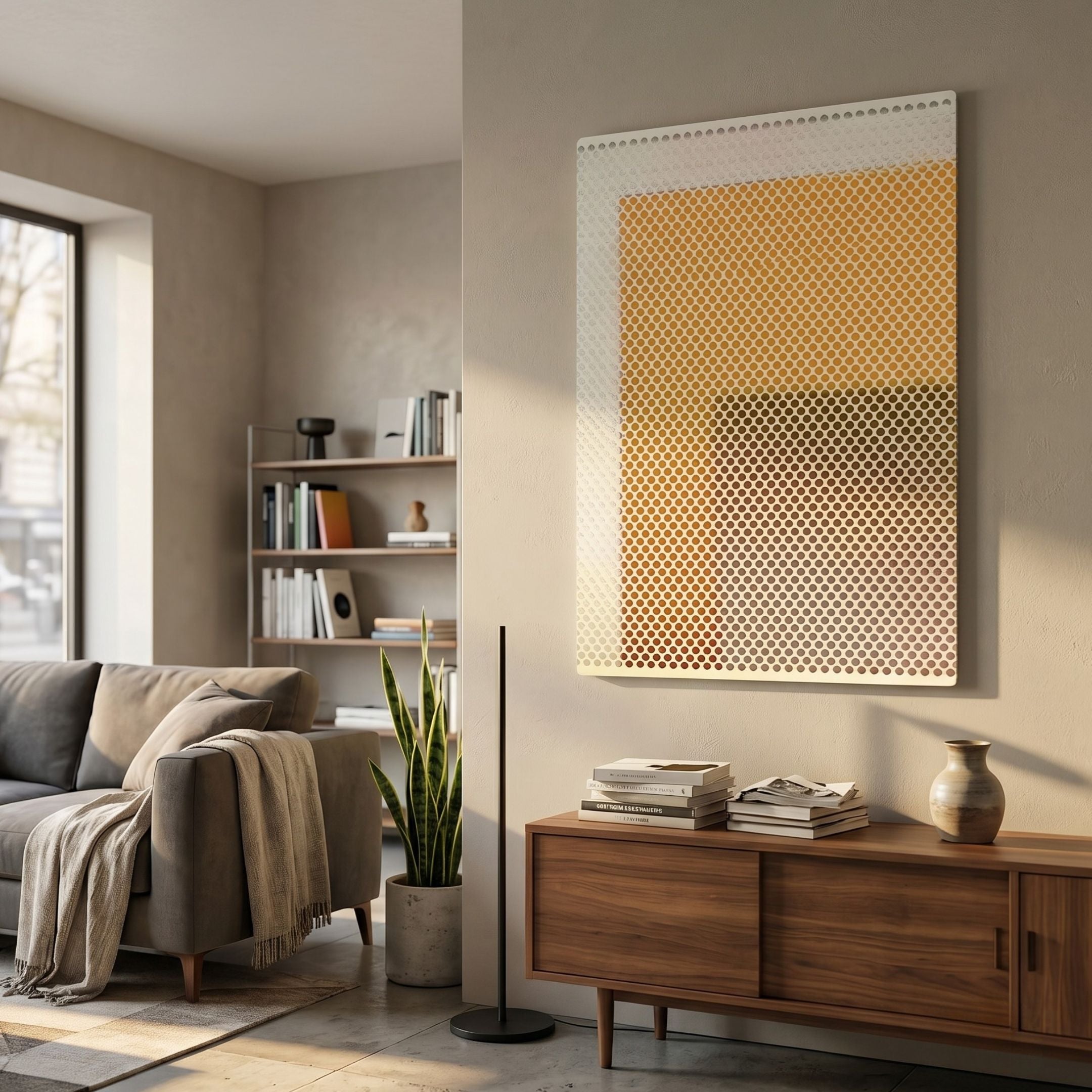 Pixelate Amber Rust Acrylic 3D Wall Art by Giant Sculptures displayed in a modern living room above a walnut sideboard, beside a grey sofa and snake plant.