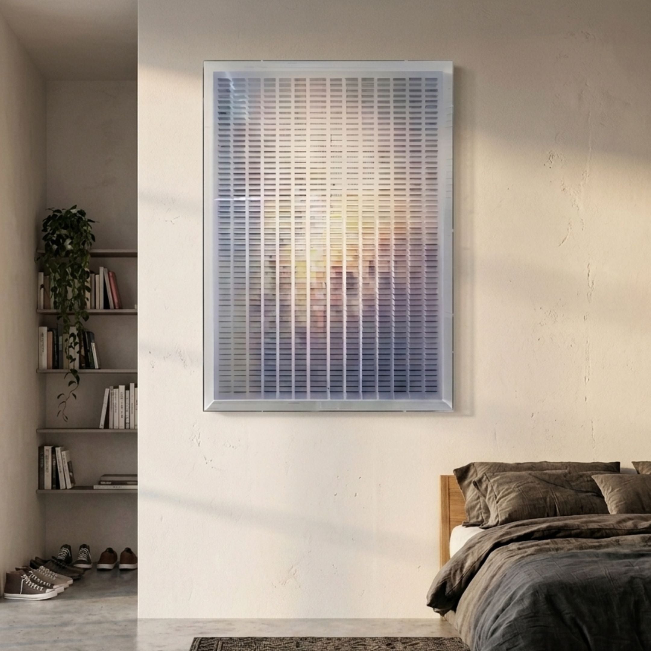 Chromat Sunset Mauve Glow Acrylic 3D Wall Art by Giant Sculptures, mounted above a linen-dressed bed beside a bookshelf nook with pastel mauve and yellow slats.