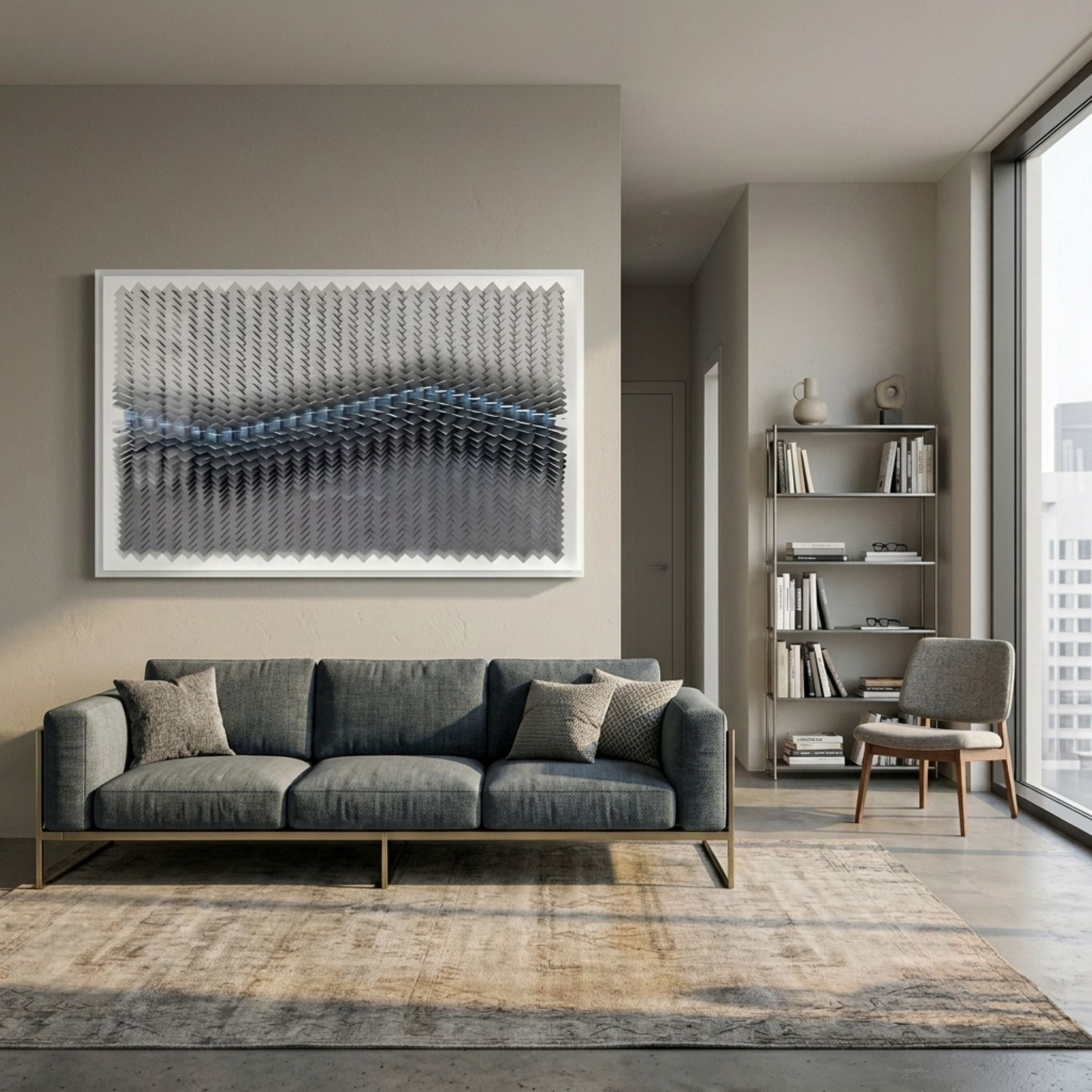 Tessera Silver Mist & Pastel Blue Line Acrylic 3D Wall Art by Giant Sculptures mounted above a grey sofa in a modern living room with bookshelf and armchair.