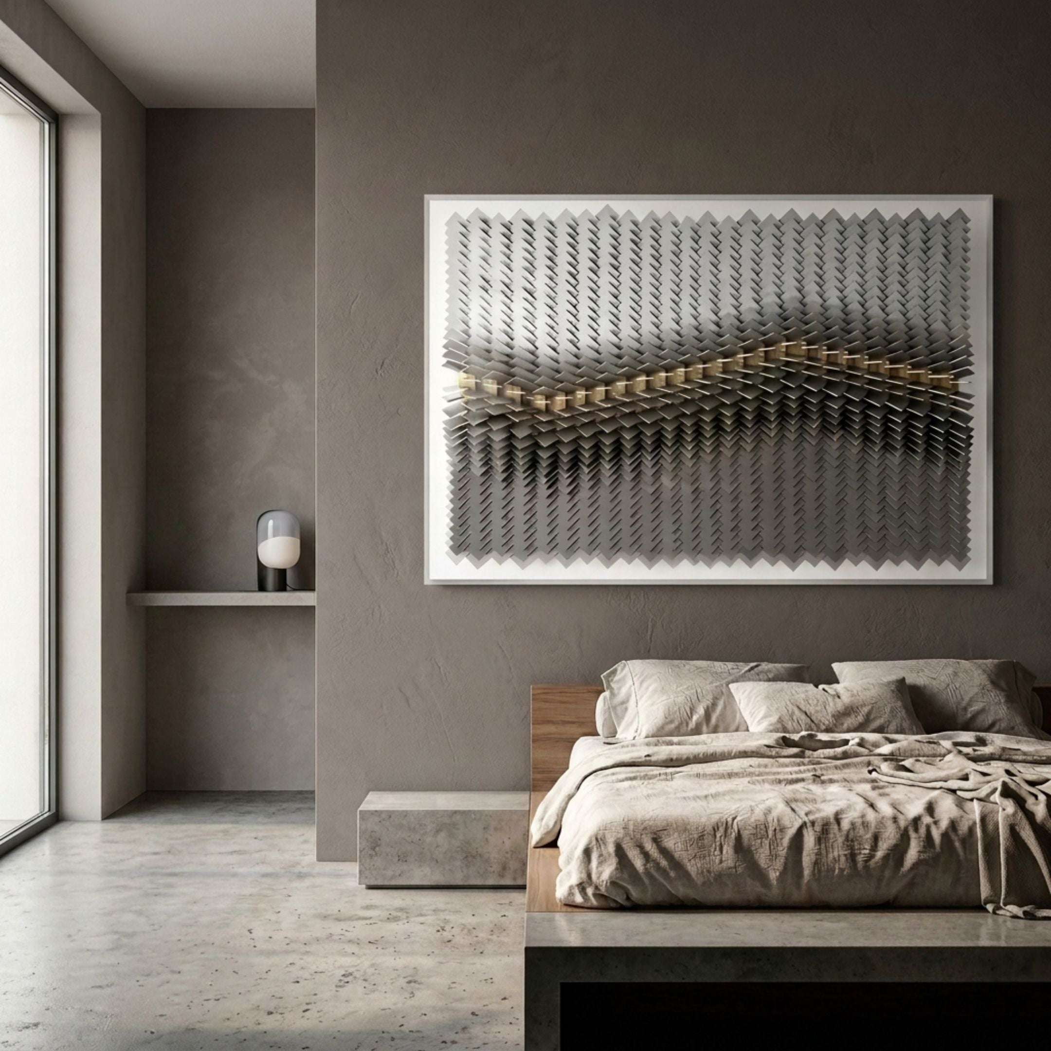 Tessera Ash Grey & Warm Sandline Acrylic 3D Wall Art by Giant Sculptures displayed above a linen-dressed bed in a minimalist concrete-toned bedroom.