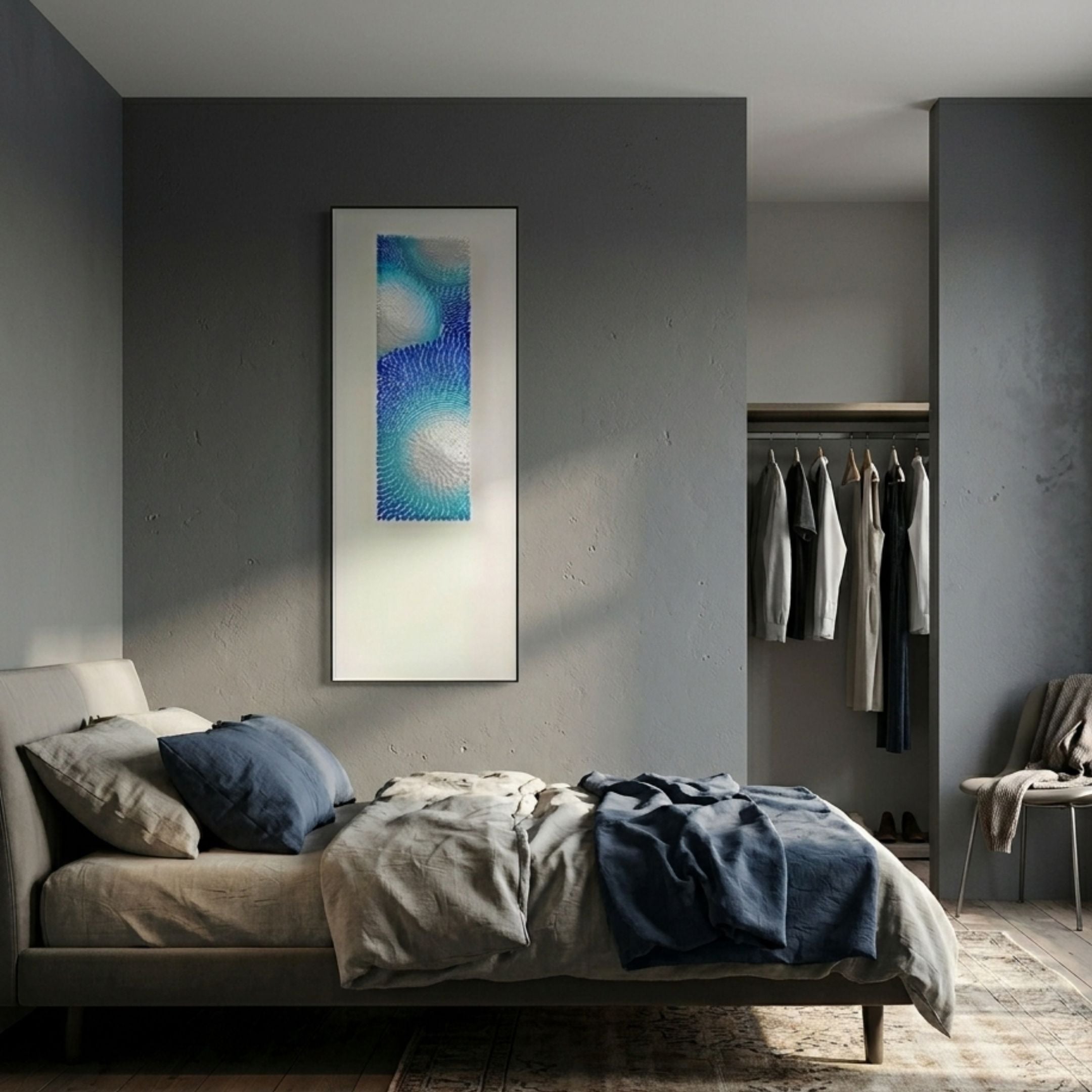 Glaciera Azure Ice Silver Acrylic 3D Wall Art by Giant Sculptures, a tall blue and white textural piece displayed in a grey bedroom above a linen bed.