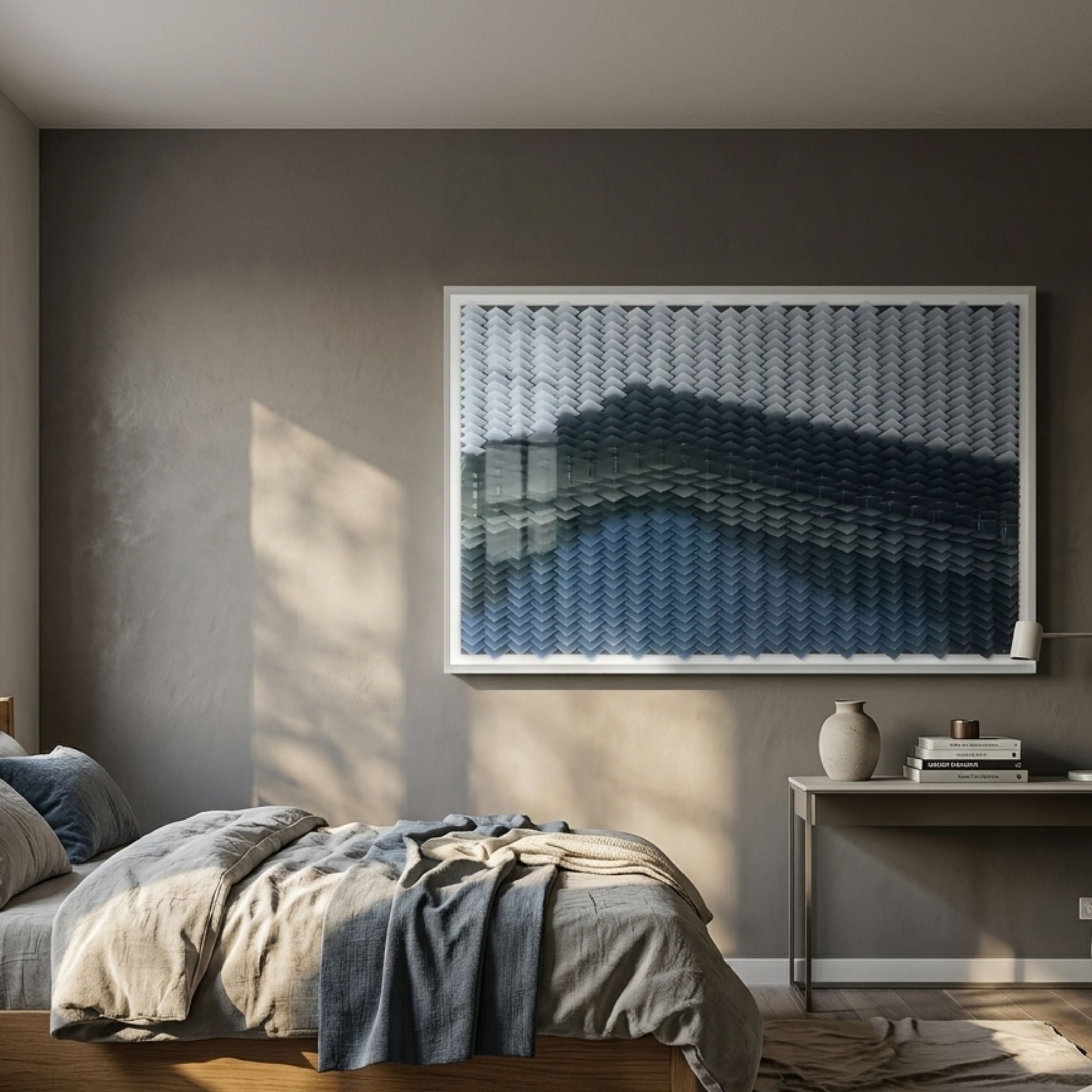 Tessera Frosted & Midnight Blue Gradient Acrylic 3D Wall Art by Giant Sculptures, framed in white above a bed with grey linens and a side table.