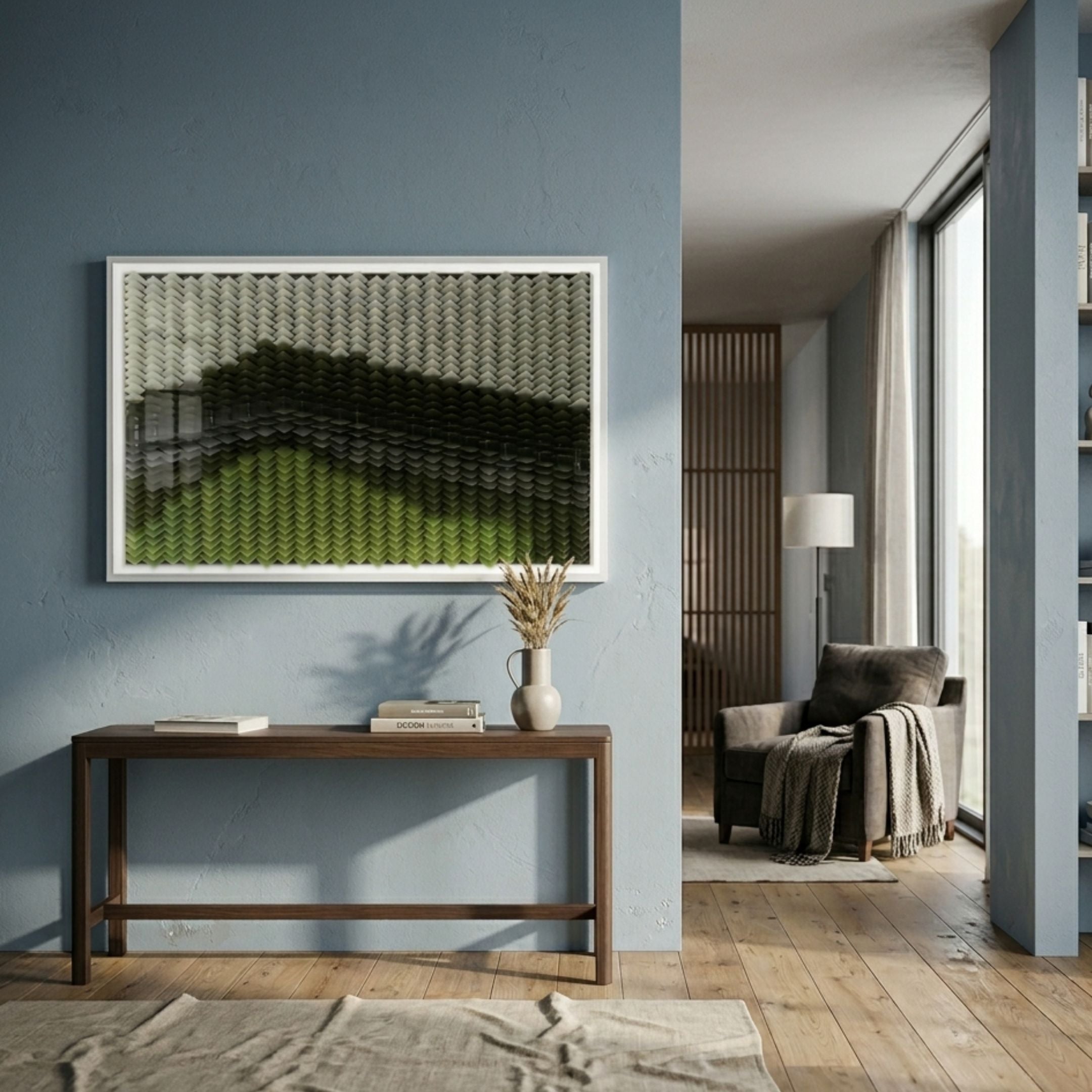 Tessera Sage & Forest Green Gradient Acrylic 3D Wall Art by Giant Sculptures, framed in white above a walnut console table on a blue hallway wall.