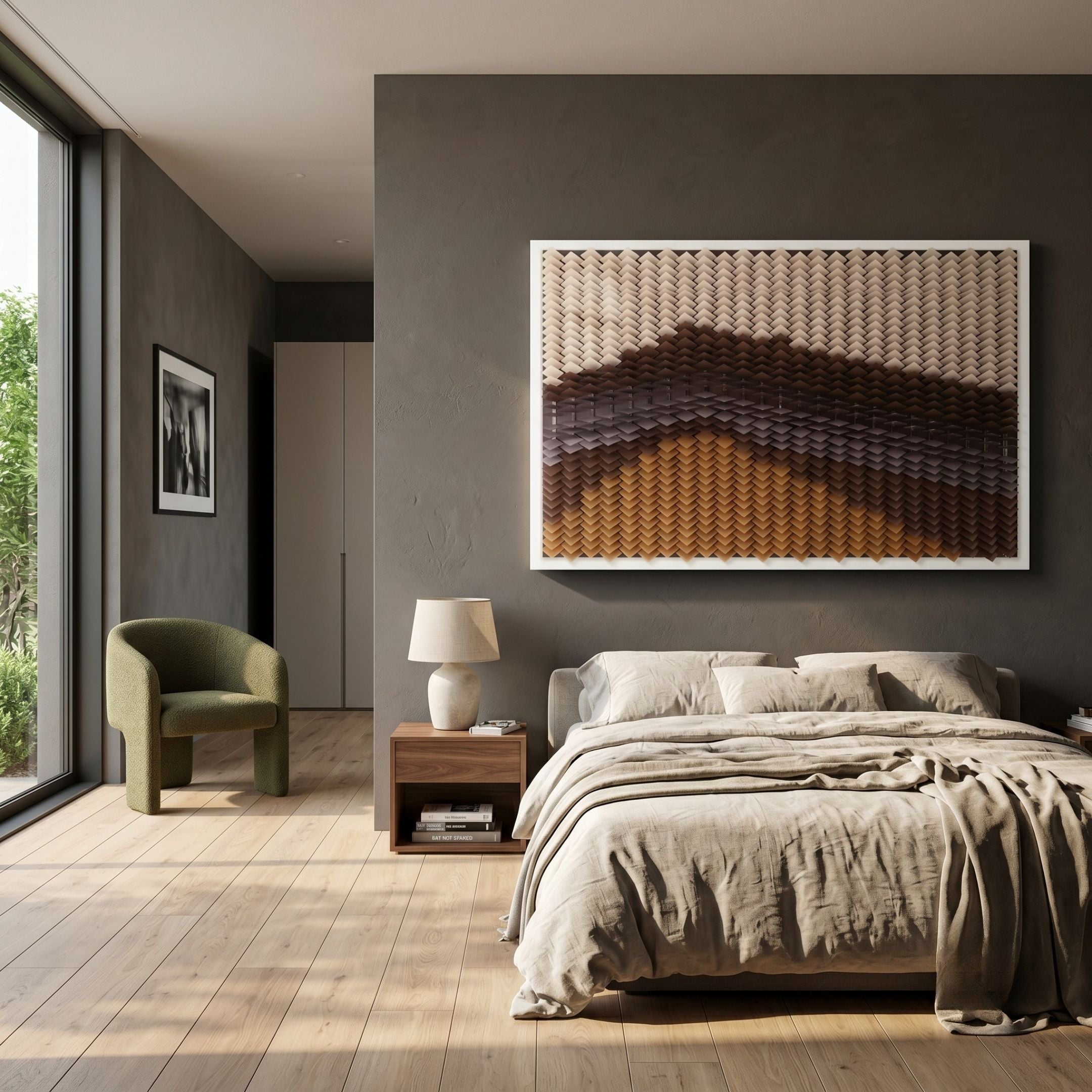 Tessera Caramel & Walnut Gradient Acrylic 3D Wall Art by Giant Sculptures mounted above a linen bed in a grey-walled modern bedroom with a green armchair.
