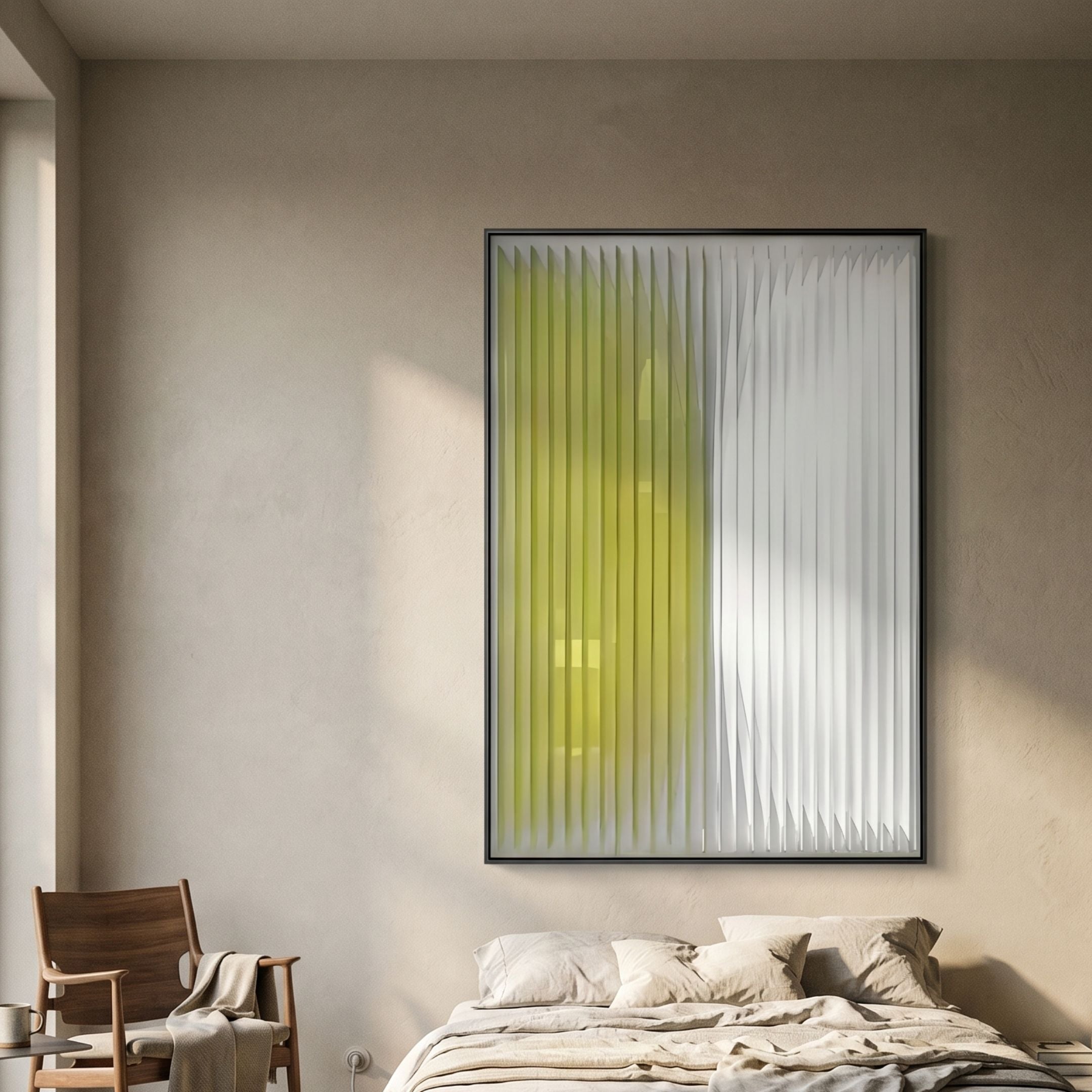 Verta Lemon Gradient Acrylic 3D Wall Art by Giant Sculptures, with vertical yellow-to-white panels in a black frame, displayed above a bed beside a wooden chair.