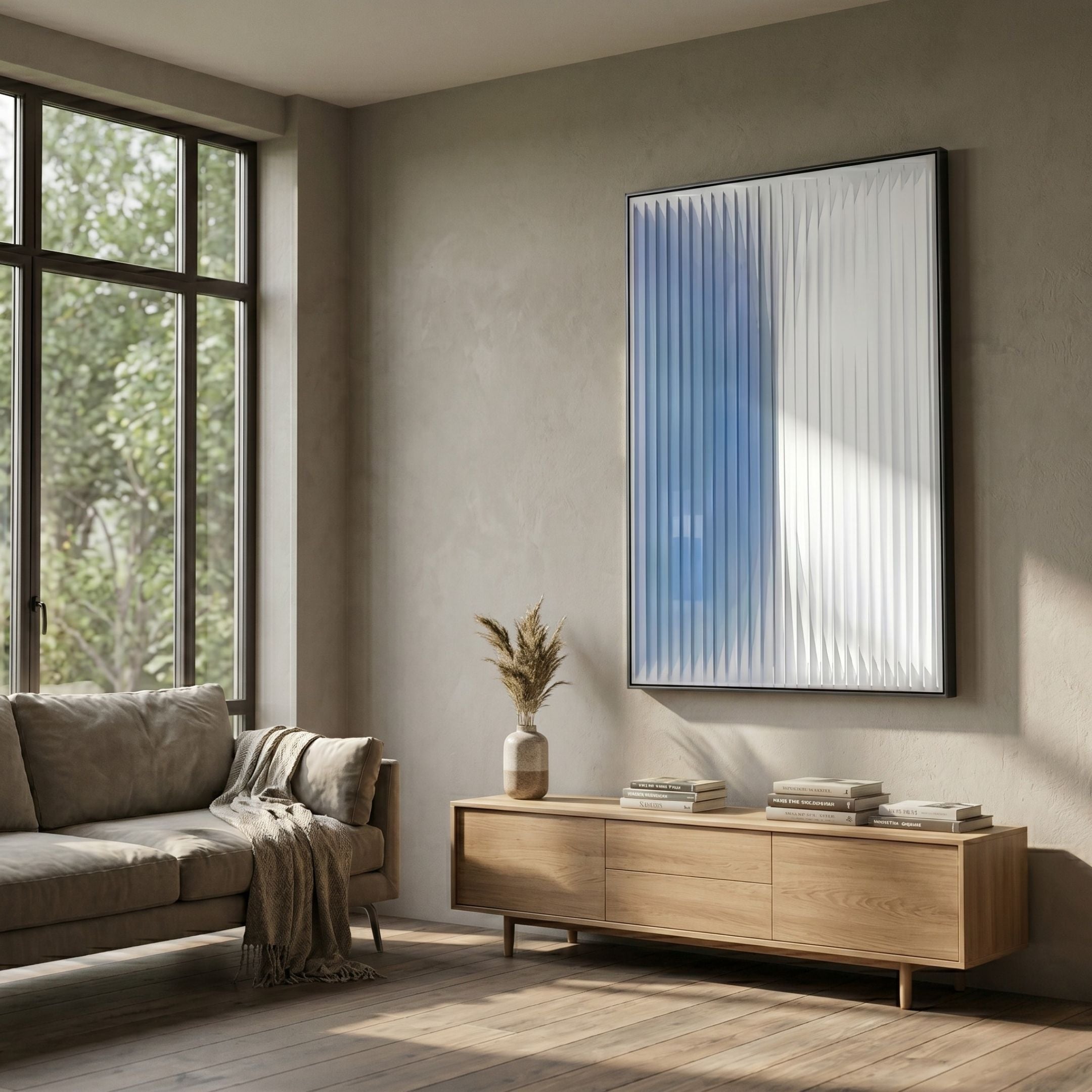 Verta Sky Blue Gradient Acrylic 3D Wall Art with vertical slats in a black frame, mounted above a light wood sideboard in a sunlit living room.