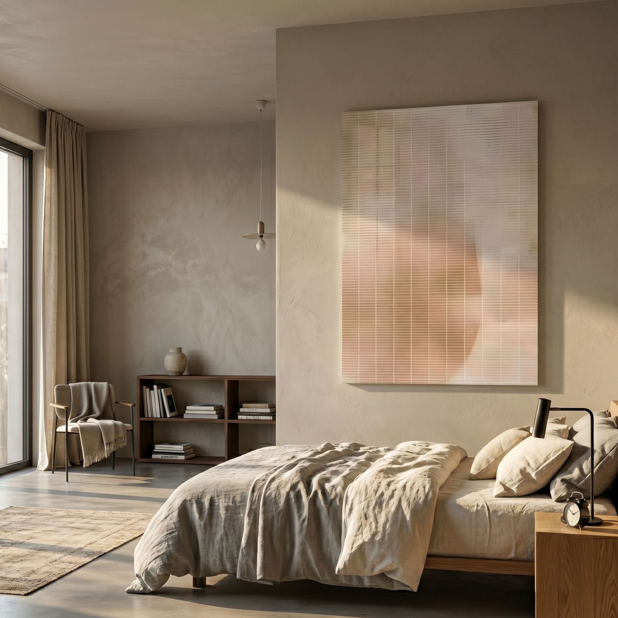 Lattice Amber Fade Acrylic 3D Wall Art by Giant Sculptures mounted above a linen-dressed bed in a warm neutral bedroom with a reading chair and bookshelf.