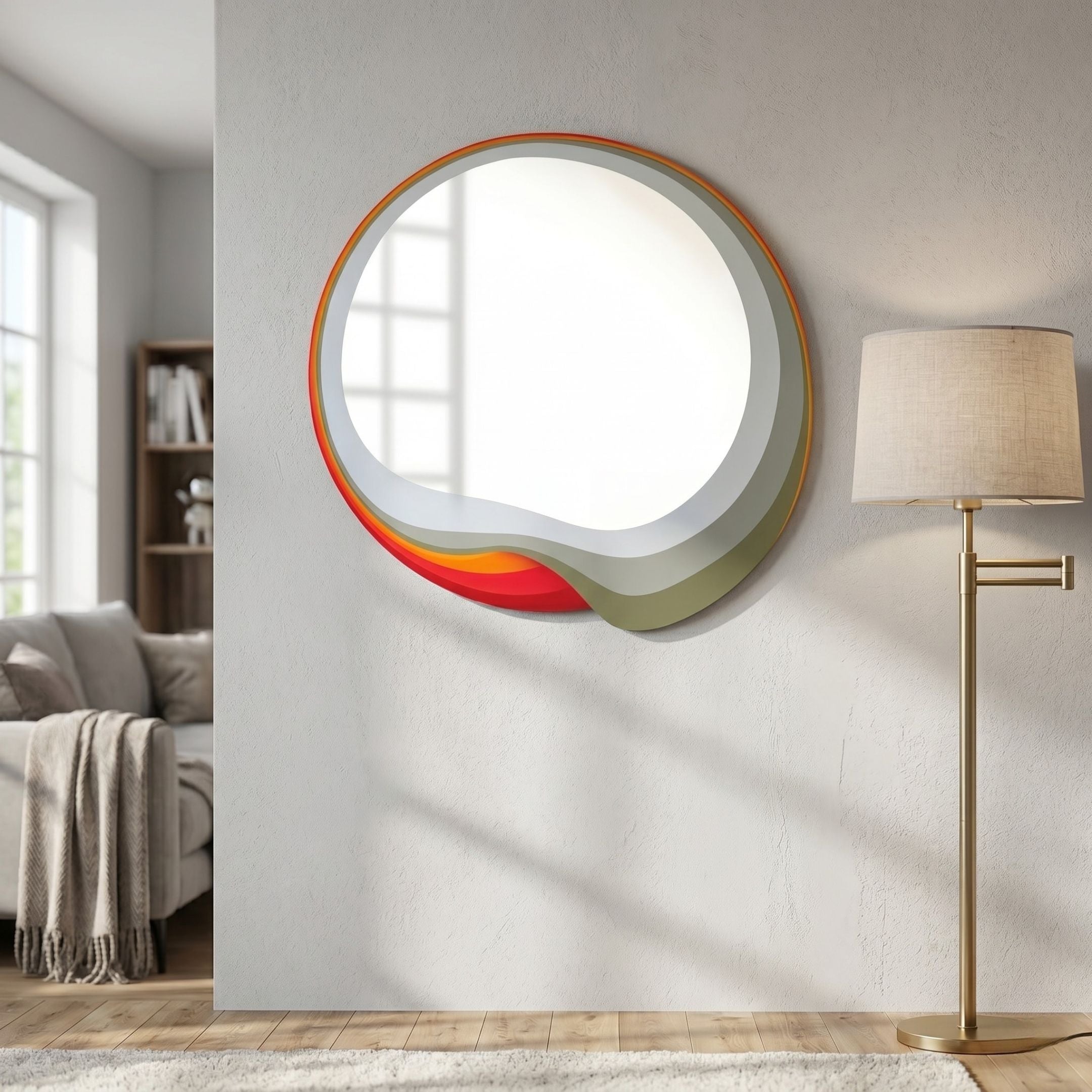 Rippletone Snowcap Red Core Gradient Acrylic UV 3D Wall Art by Giant Sculptures mounted on a pale living room wall beside a brass floor lamp and grey sofa.