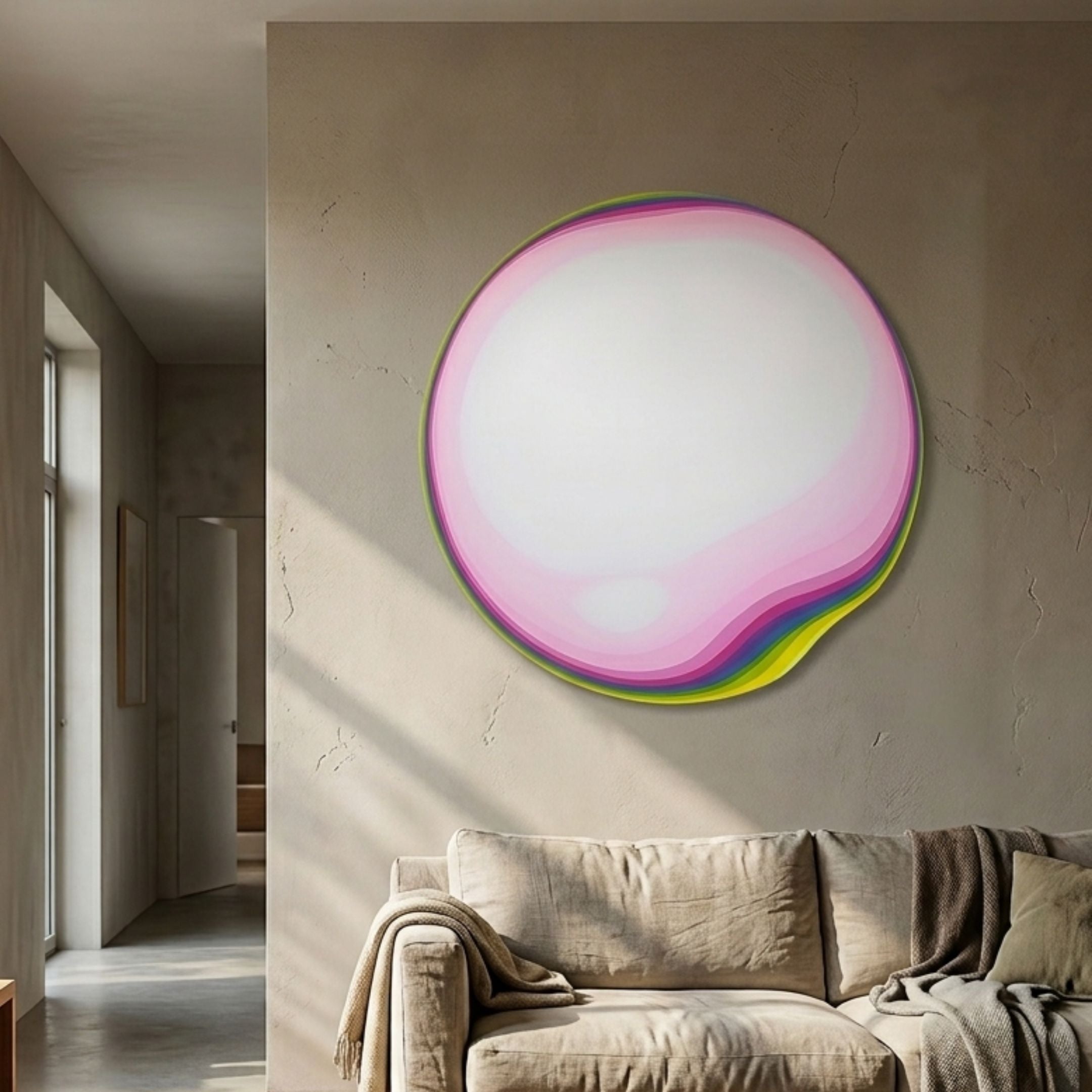 Rippletone Bubblegum Gradient Acrylic UV 3D Wall Art with pink centre and rainbow ripple edges mounted above a linen sofa in a neutral living room.