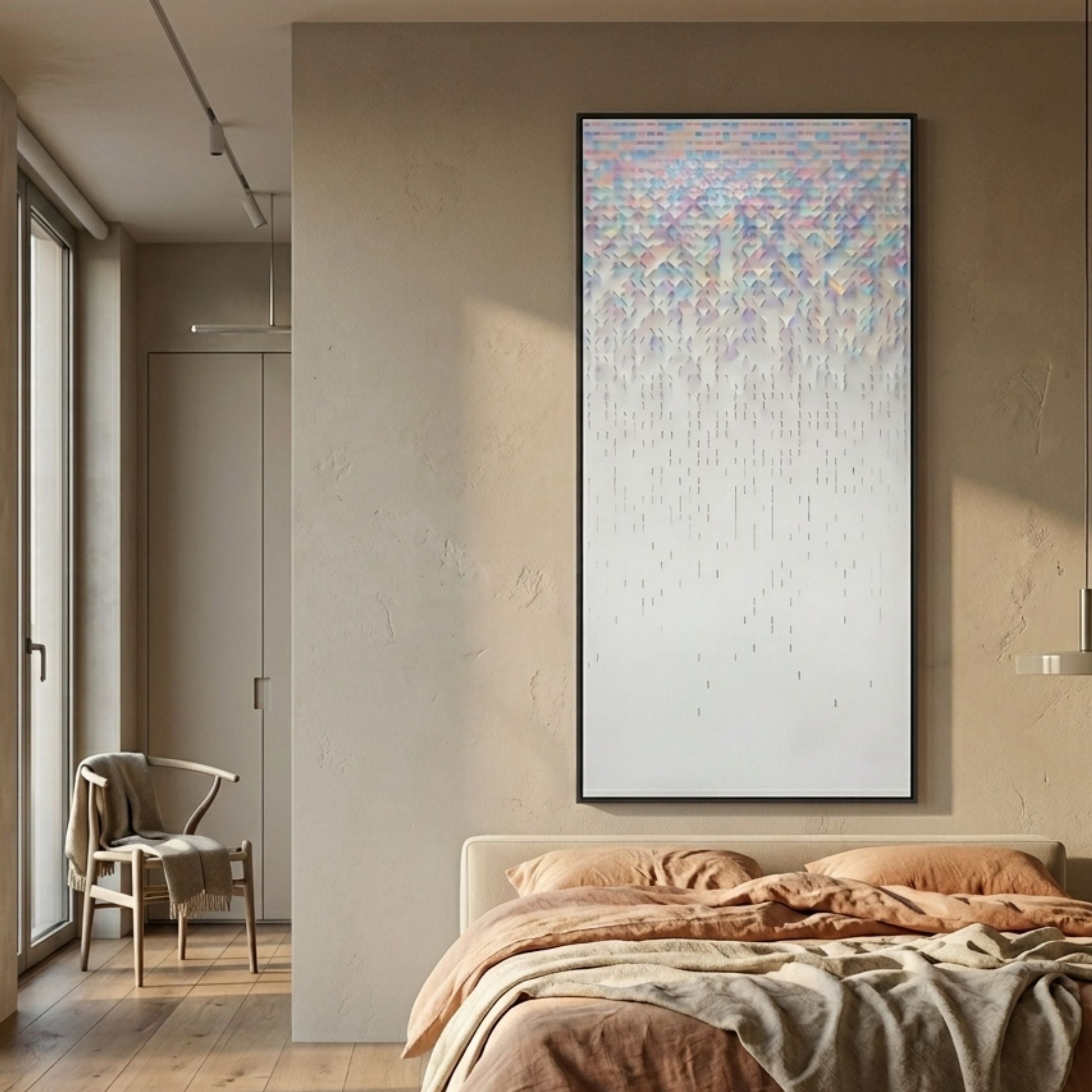 Lucent Iridescent Geometric Fade Acrylic 3D Wall Art in a slim black frame above a bed with terracotta linen, beside a wishbone chair in a beige bedroom.