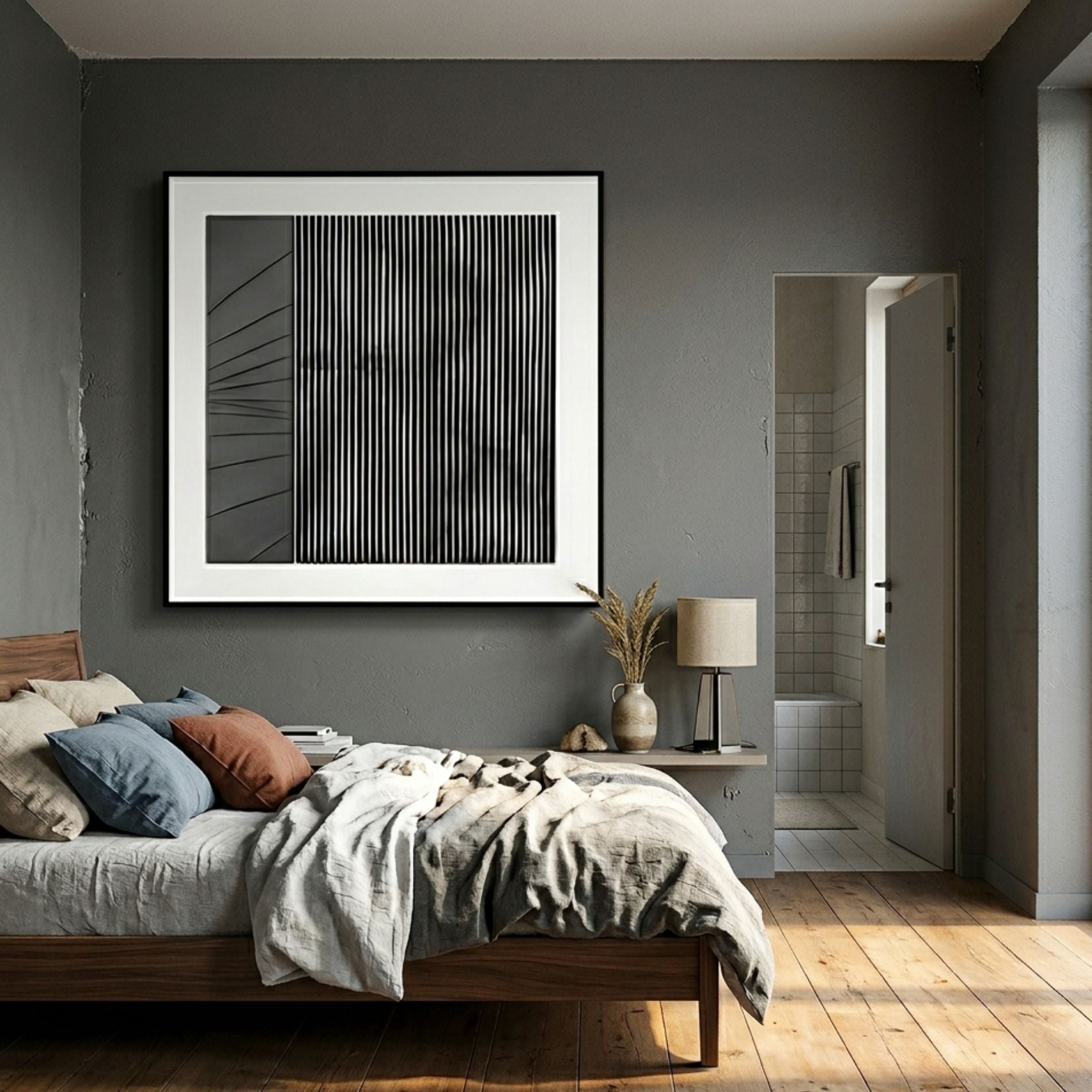 Ridge Charcoal & White Leather & Acrylic 3D Wall Art by Giant Sculptures displayed above a wooden bed with linen bedding in a grey-walled modern bedroom.