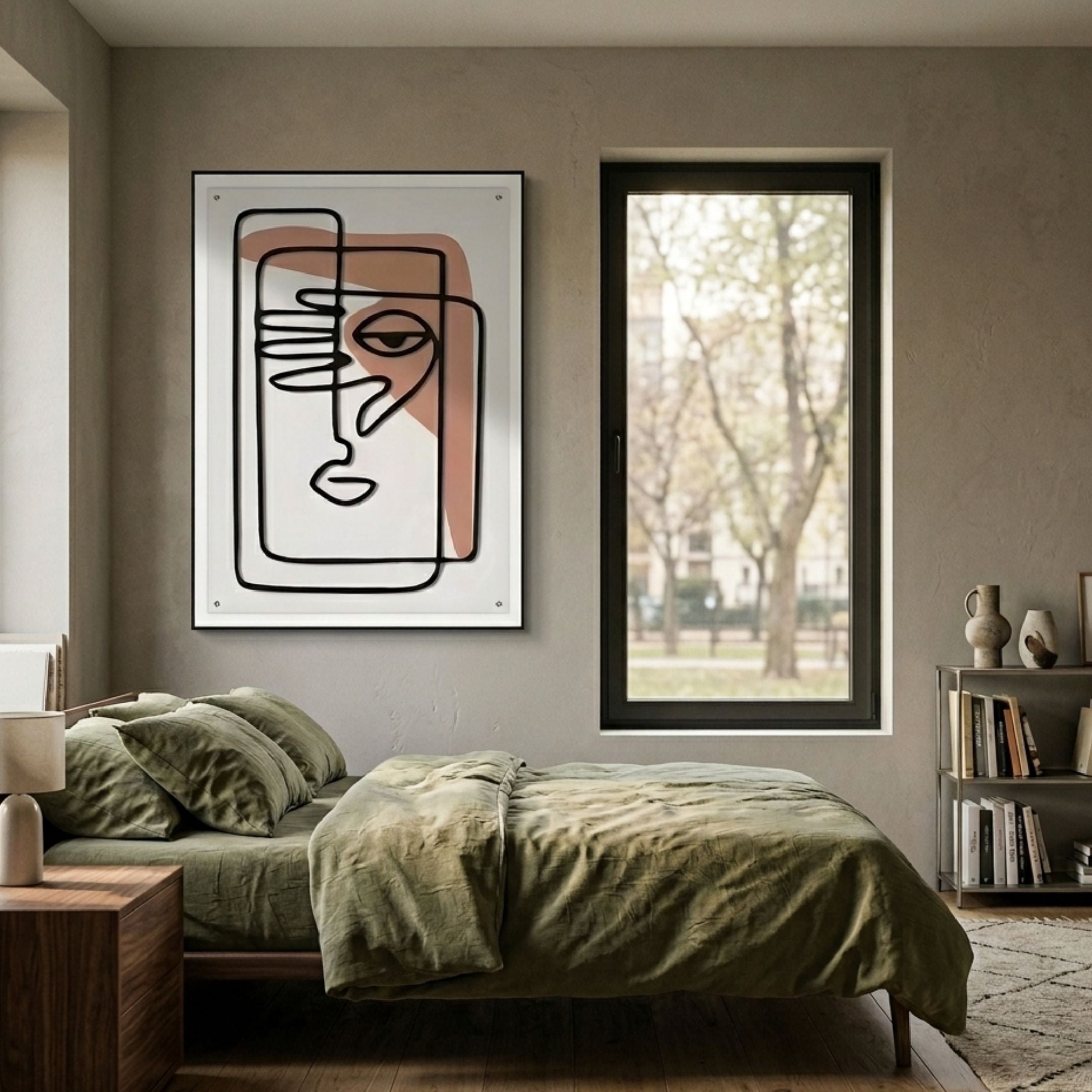 Linea Terra Accent Abstract Face Minimal Acrylic UV 3D Wall Art by Giant Sculptures displayed above a bed with olive green linens beside a window.