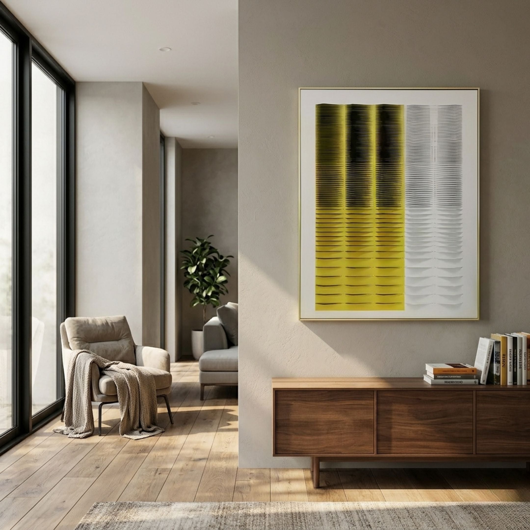Gradient Yellow & White Stripe Fold Acrylic 3D Wall Art by Giant Sculptures in a slim gold frame, mounted above a walnut sideboard in a modern living room.