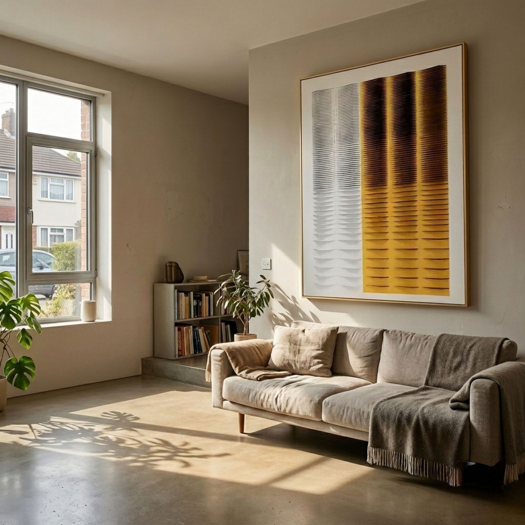 Giant Sculptures Gradient Triple Burnt Amber & White Stripe Fold Acrylic 3D Wall Art in a gold frame, mounted above a beige sofa in a sunlit living room.