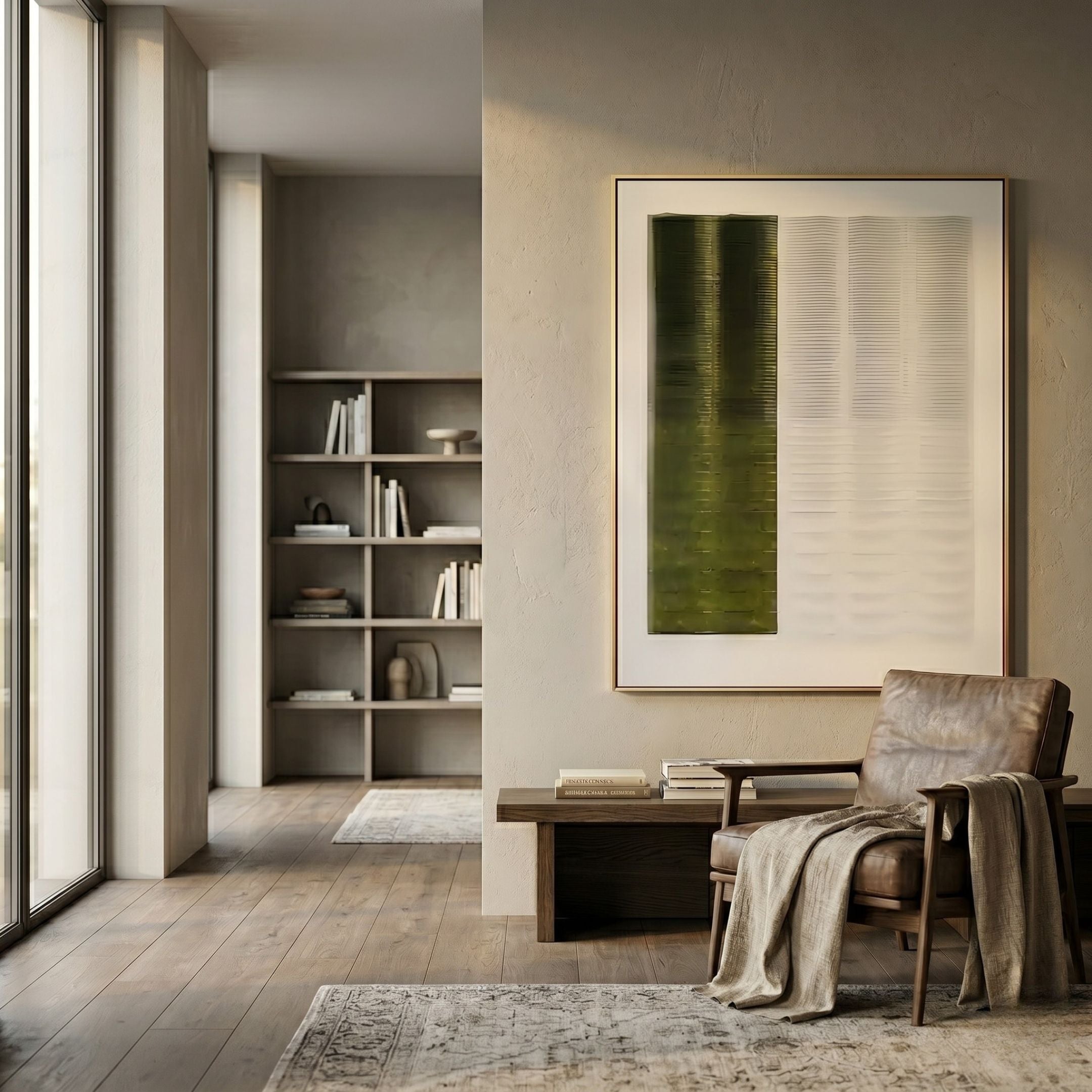 Gradient Olive Moss & White Stripe Fold Acrylic 3D Wall Art by Giant Sculptures displayed above a wooden bench and leather armchair in a neutral living room.