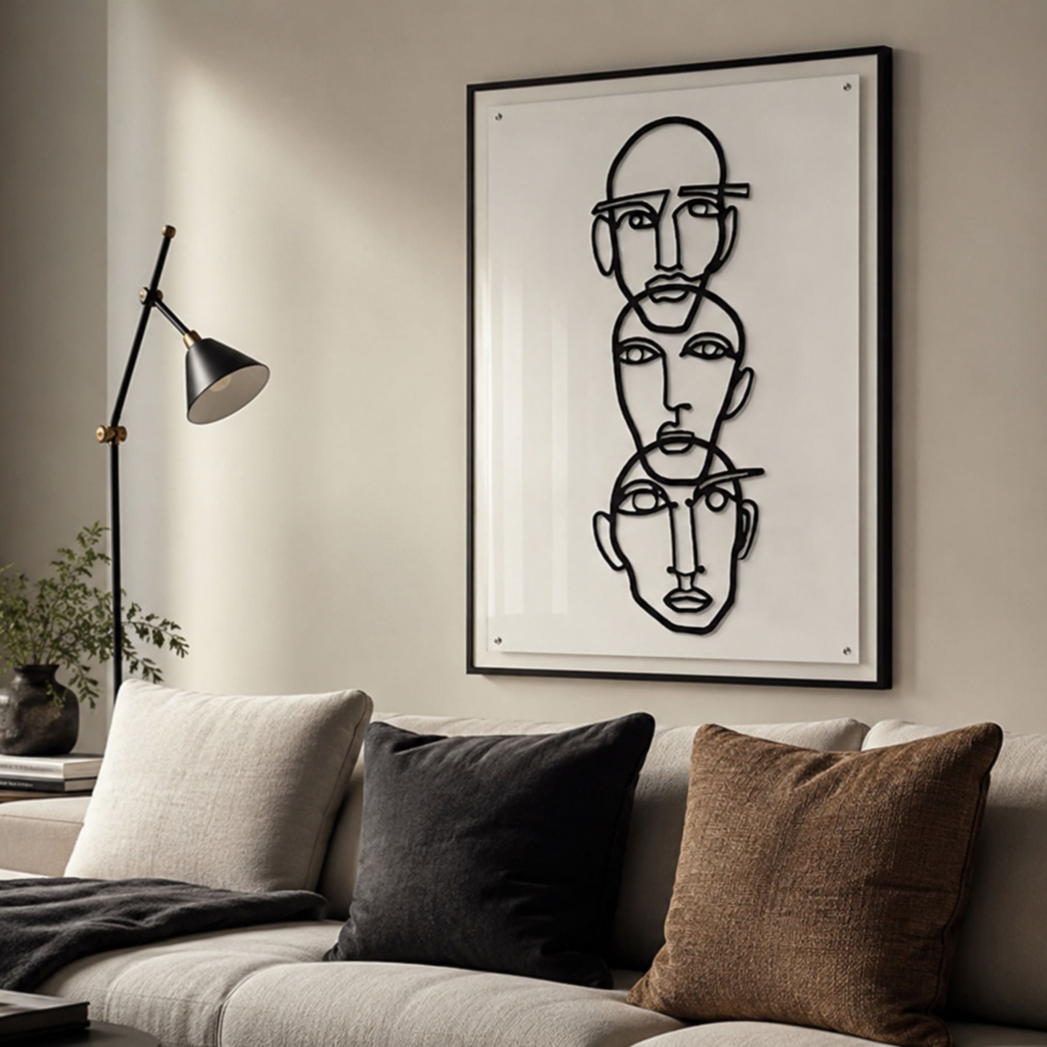Linea Trio Faces Minimal Acrylic UV 3D Wall Art by Giant Sculptures, three stacked black line-drawn faces in a slim frame above a beige sofa and floor lamp.