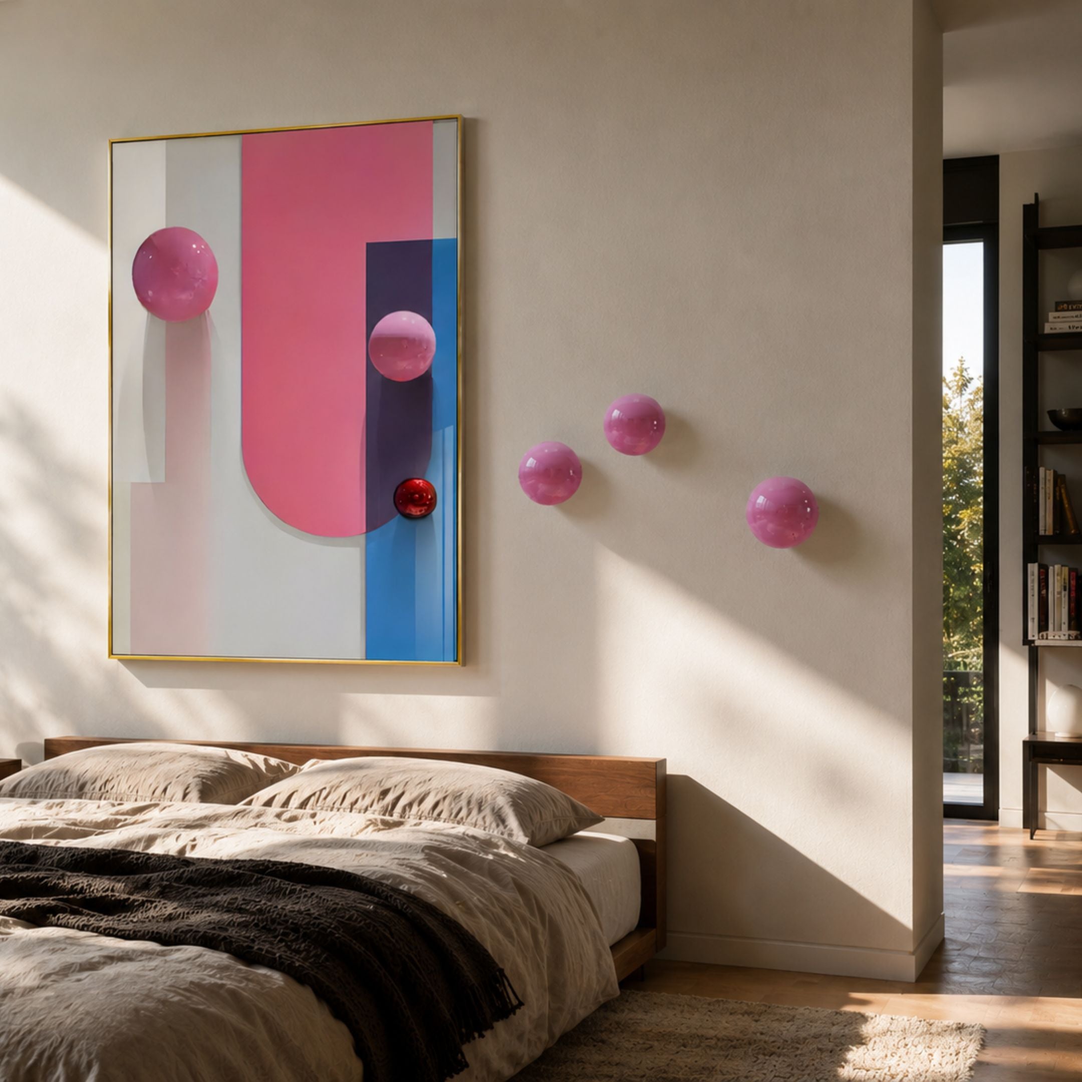 Bounce Pink & Blue Panel acrylic 3D wall art by Giant Sculptures with glossy pink spheres and a red orb, displayed above a wooden bed in a sunlit bedroom.