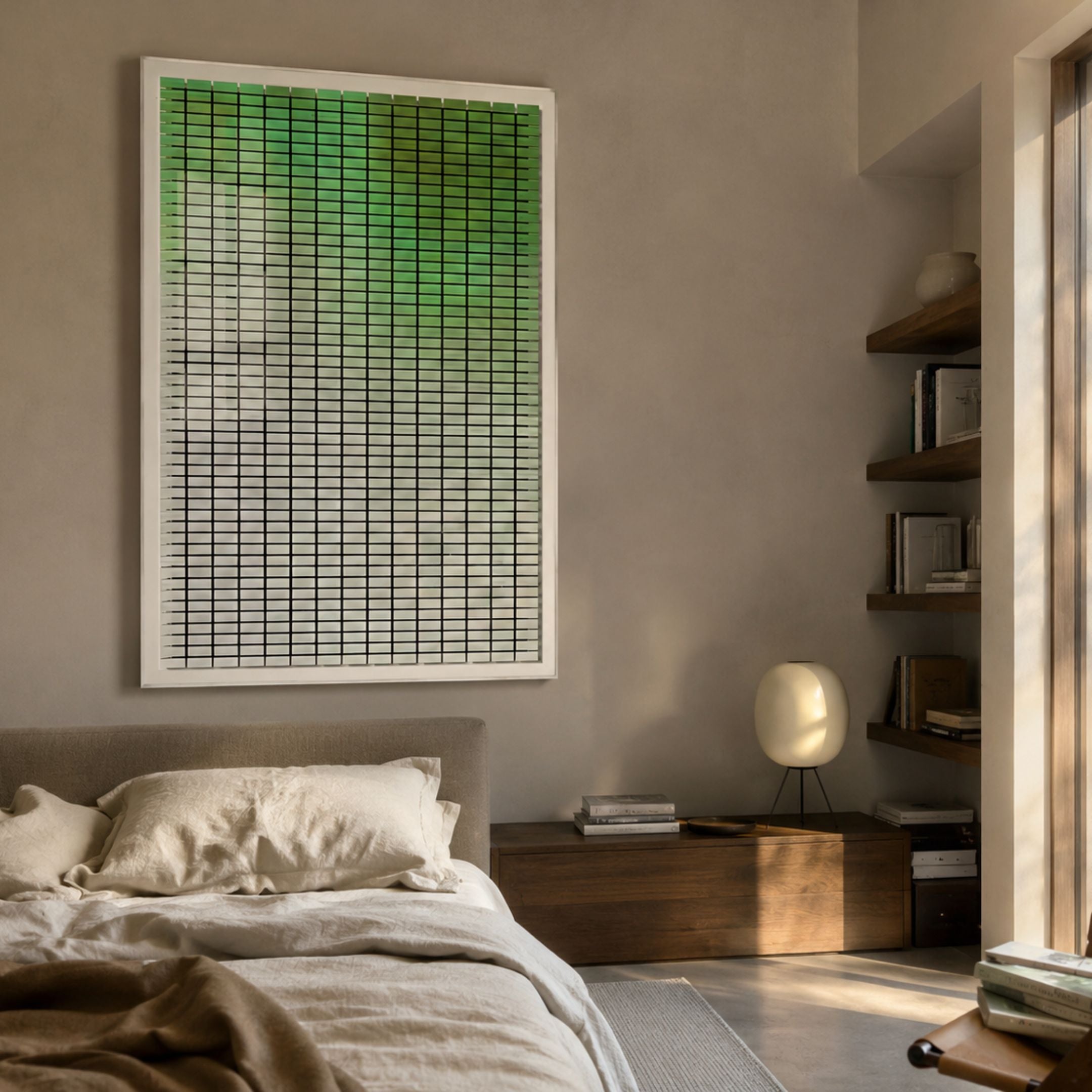 Flux Emerald Green Gradient Illusion Acrylic 3D Wall Art by Giant Sculptures mounted above an upholstered bed in a warm neutral bedroom with oak shelving.