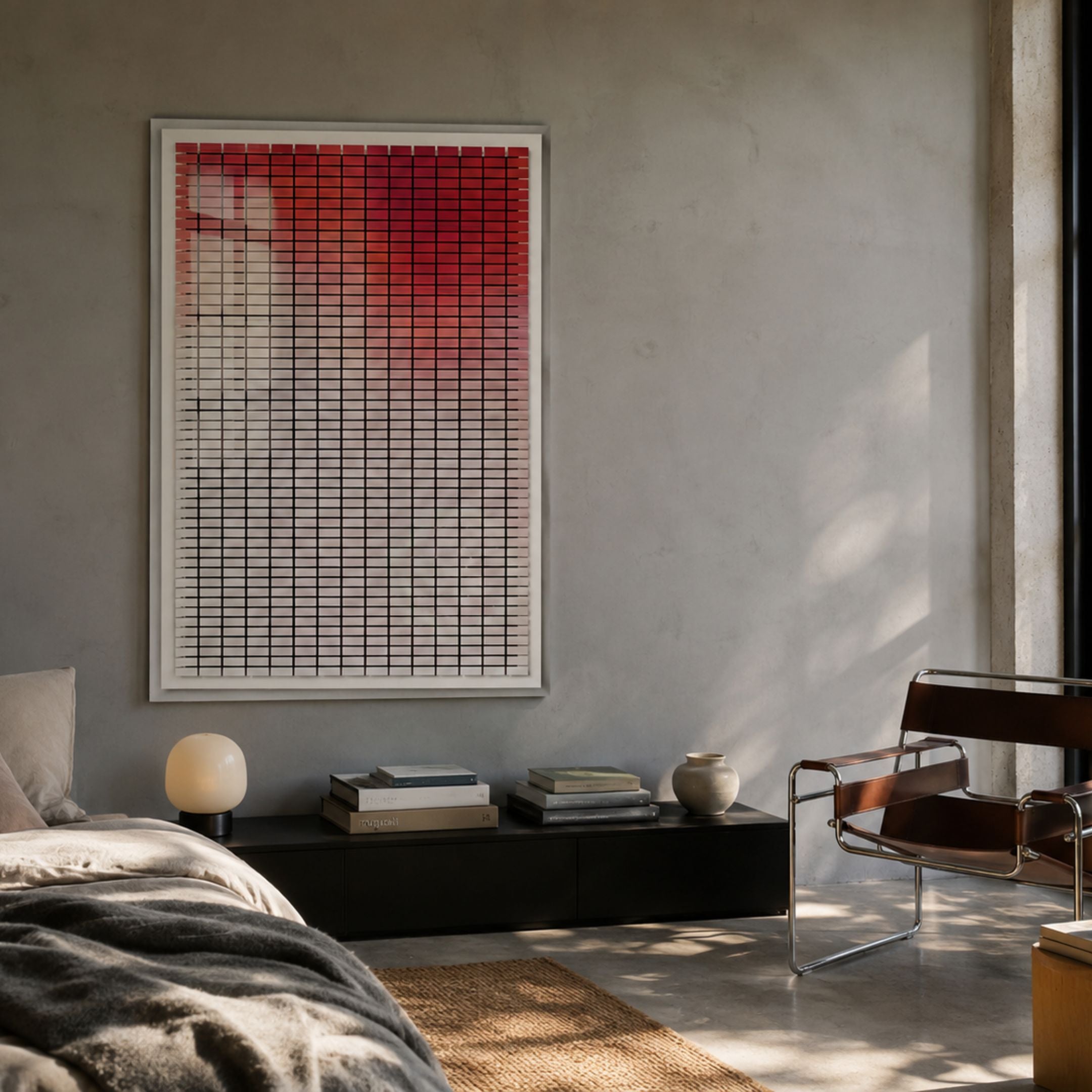 Flux Crimson Red Gradient Illusion Acrylic 3D Wall Art by Giant Sculptures displayed above a black media console in a concrete-walled living room with a leather Wassily chair.