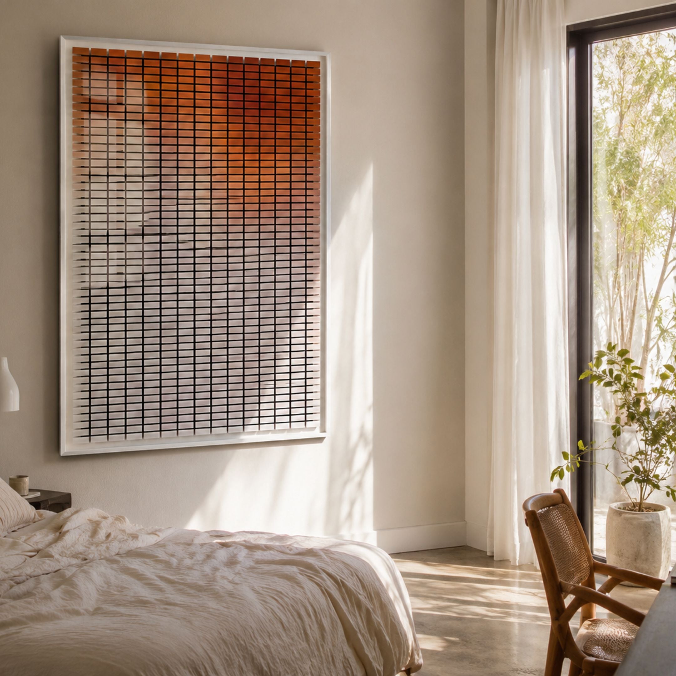 Flux Burnt Orange Gradient Illusion Acrylic 3D Wall Art by Giant Sculptures mounted in a sunlit bedroom above a linen-dressed bed beside a wooden chair.