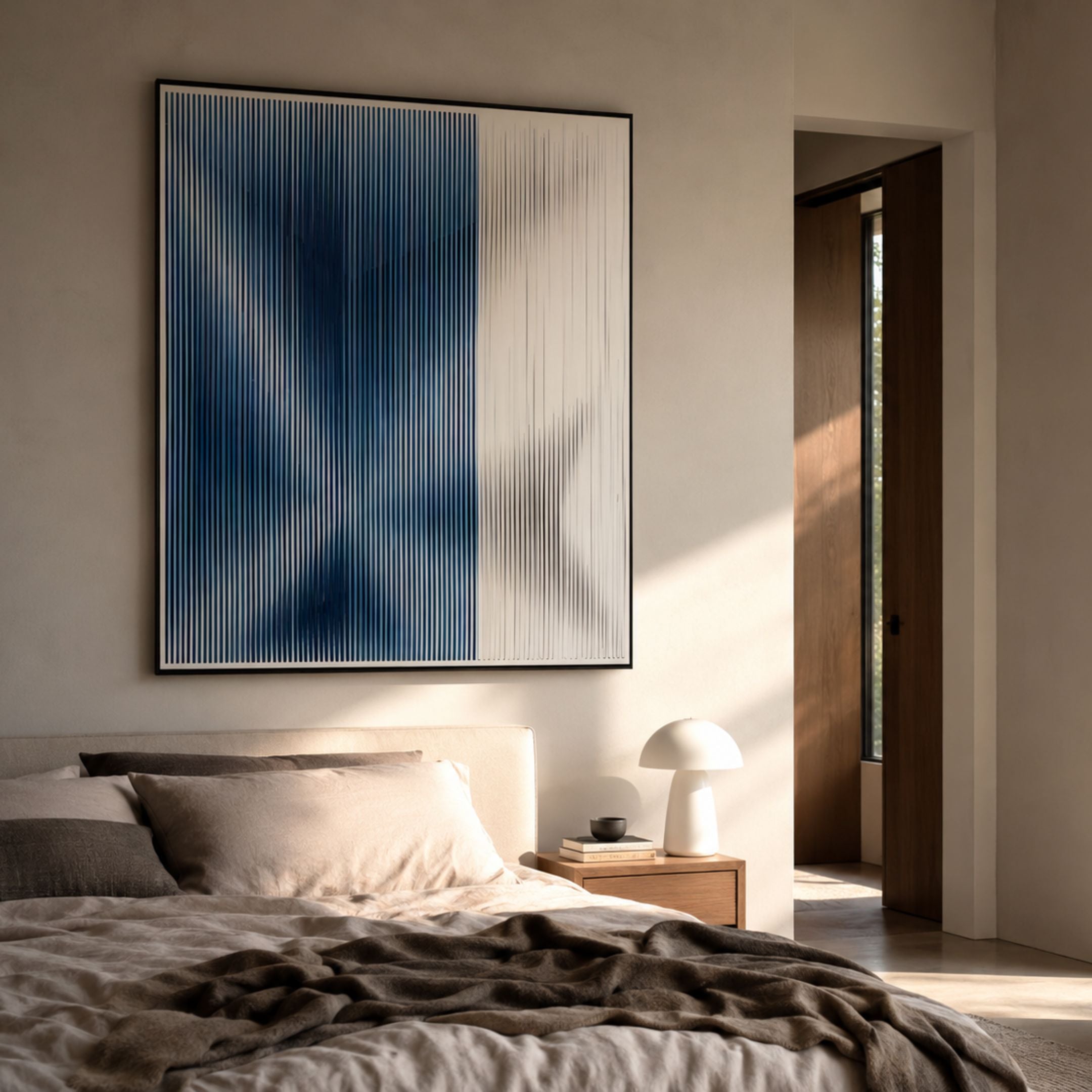 Kinetix Deep Indigo & White Optical Acrylic 3D Wall Art mounted above a cream upholstered bed with linen bedding, wood nightstand, and mushroom lamp.