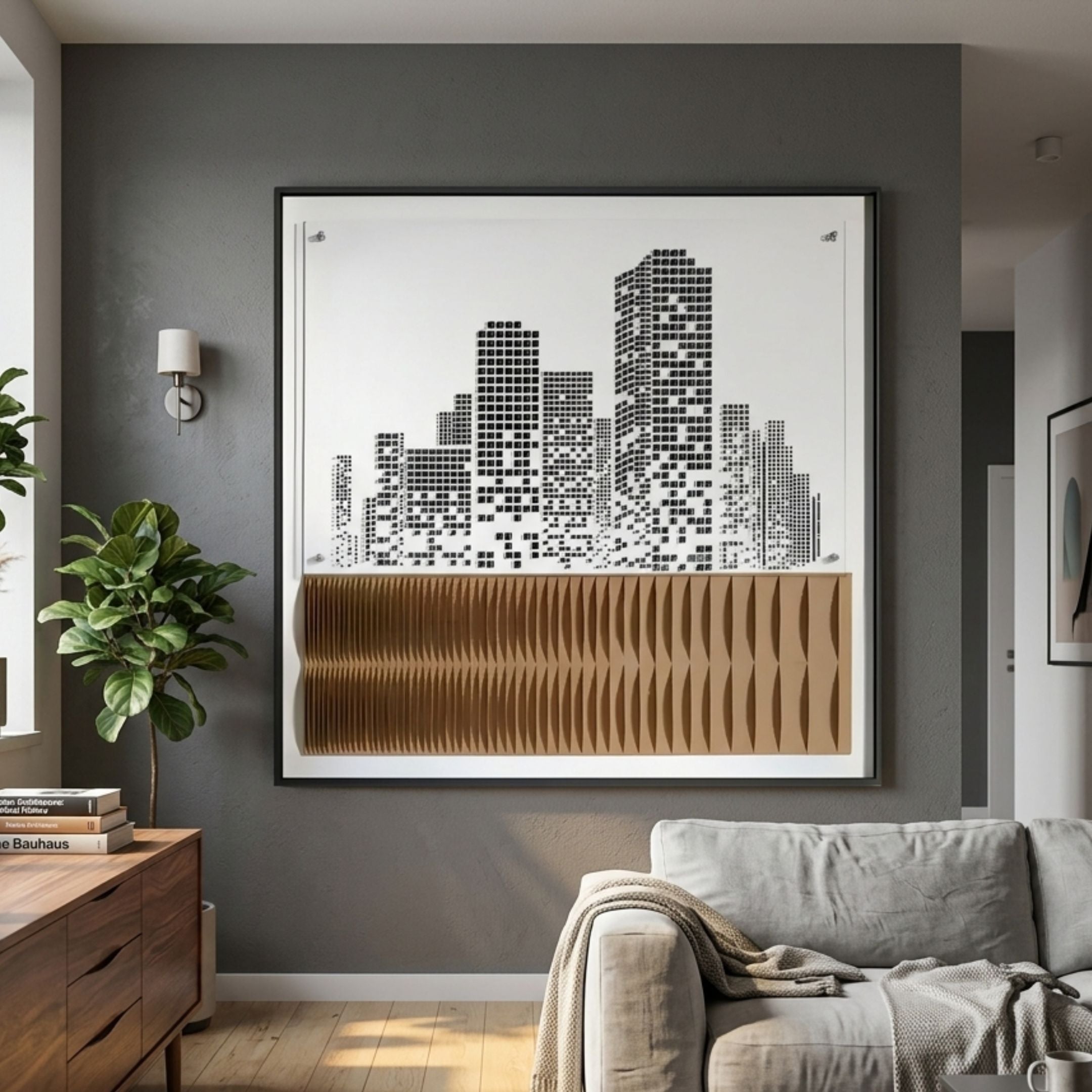 Urban Rise Bronze Skyline Acrylic 3D Wall Art by Giant Sculptures displayed on a grey living room wall above a sofa, beside a fiddle leaf fig and walnut sideboard.