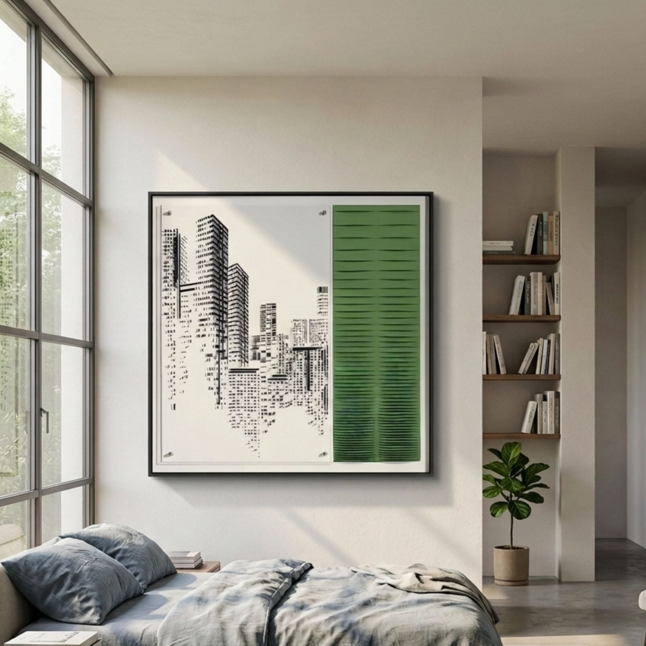 Urban Rise Green Skyline Acrylic 3D Wall Art by Giant Sculptures displayed above a blue-linen bed in a sunlit bedroom with bookshelves and a fiddle-leaf plant.