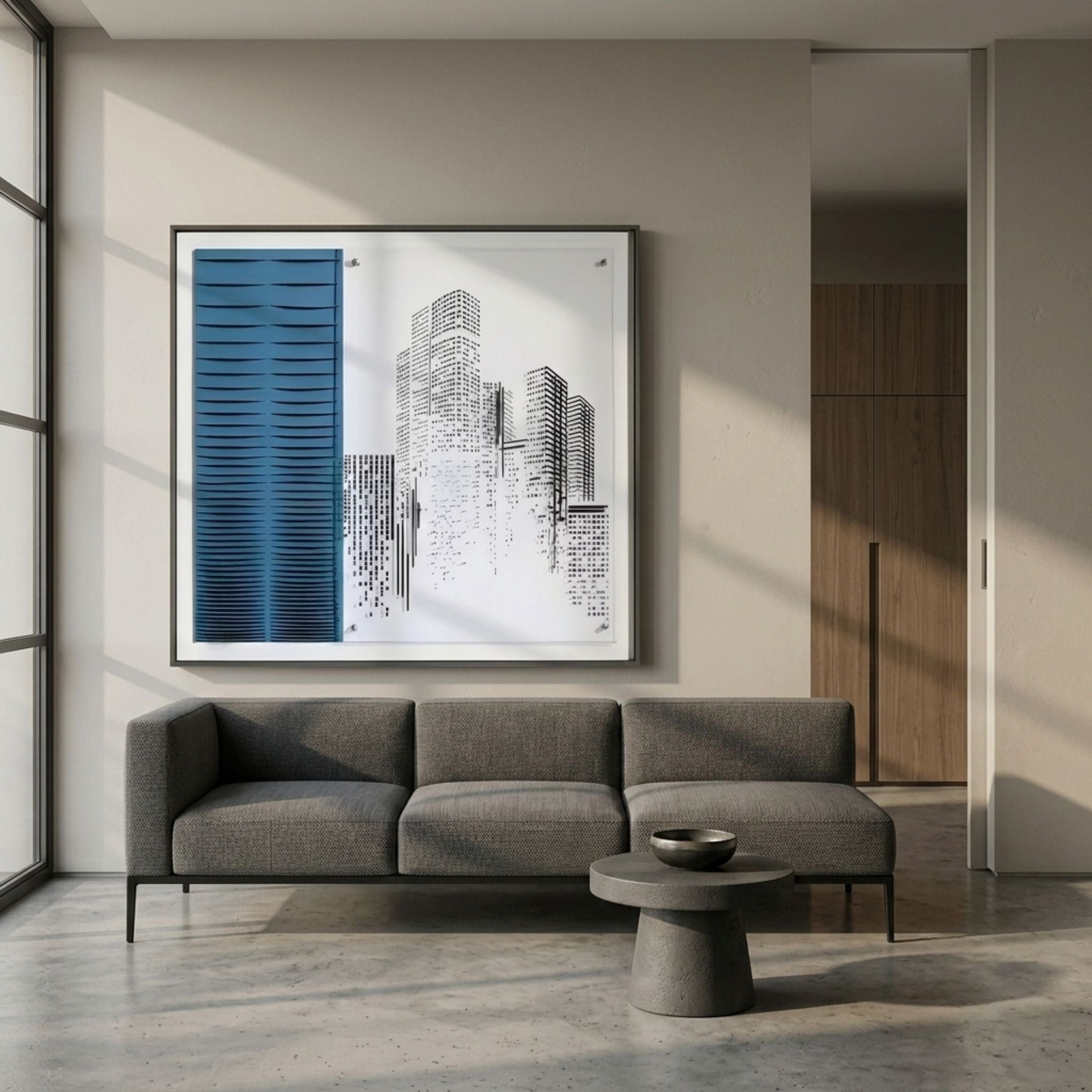 Urban Rise Blue Skyline Acrylic 3D Wall Art by Giant Sculptures displayed above a grey sofa in a minimalist living room with concrete floor and round side table.