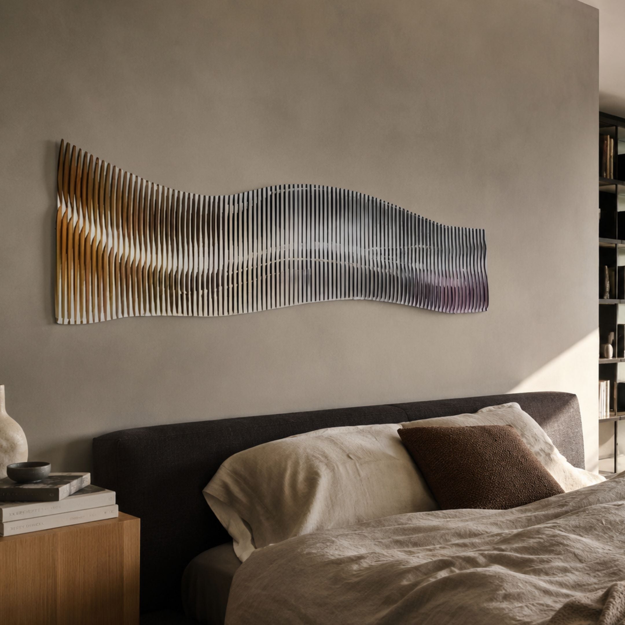 Waveline Amber & Plum Gradient Wave Acrylic 3D Wall Art mounted above a dark upholstered headboard in a bedroom with linen bedding and a wooden nightstand.