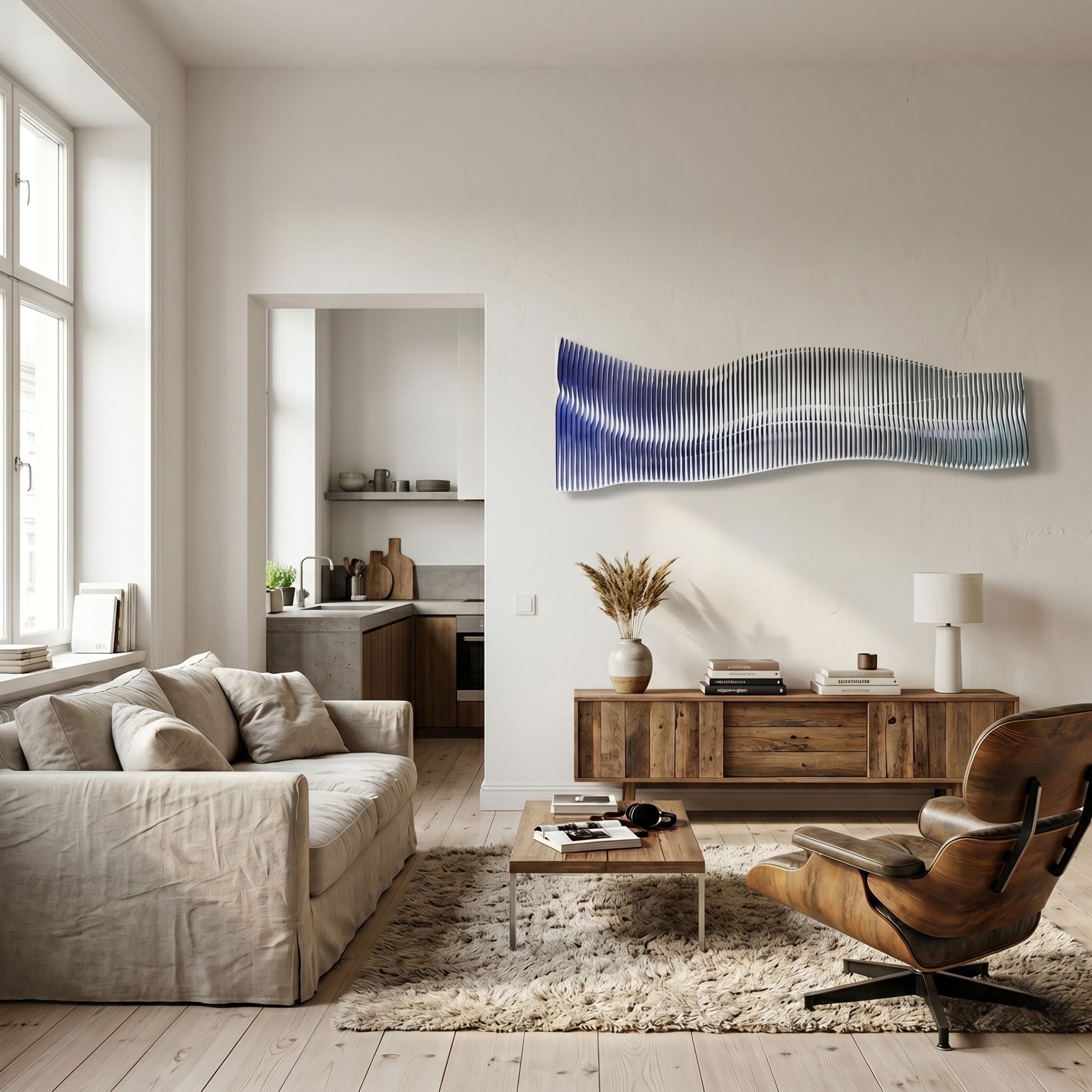 Waveline Emerald & Teal Fluid Waveform Acrylic 3D Wall Art mounted above a wooden sideboard in a Scandinavian living room with linen sofa and lounge chair.