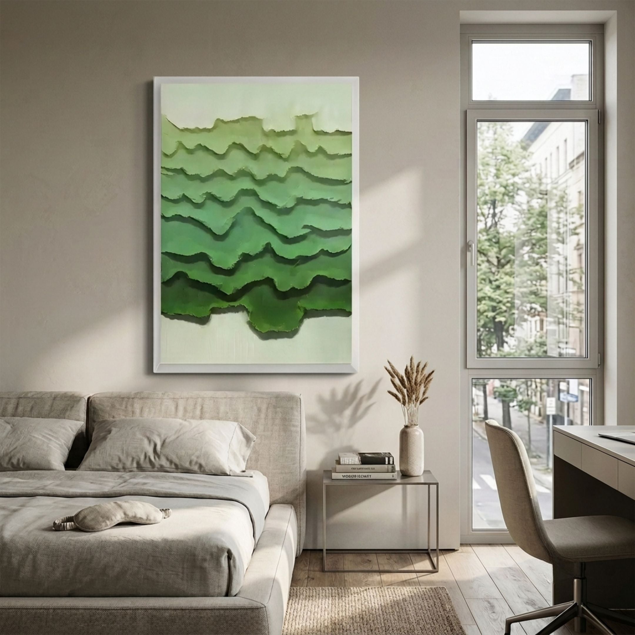 Cascade Verdant Rise Paper 3D Wall Art by Giant Sculptures with layered green hand-torn paper waves, displayed above a beige bed beside a sunlit window.
