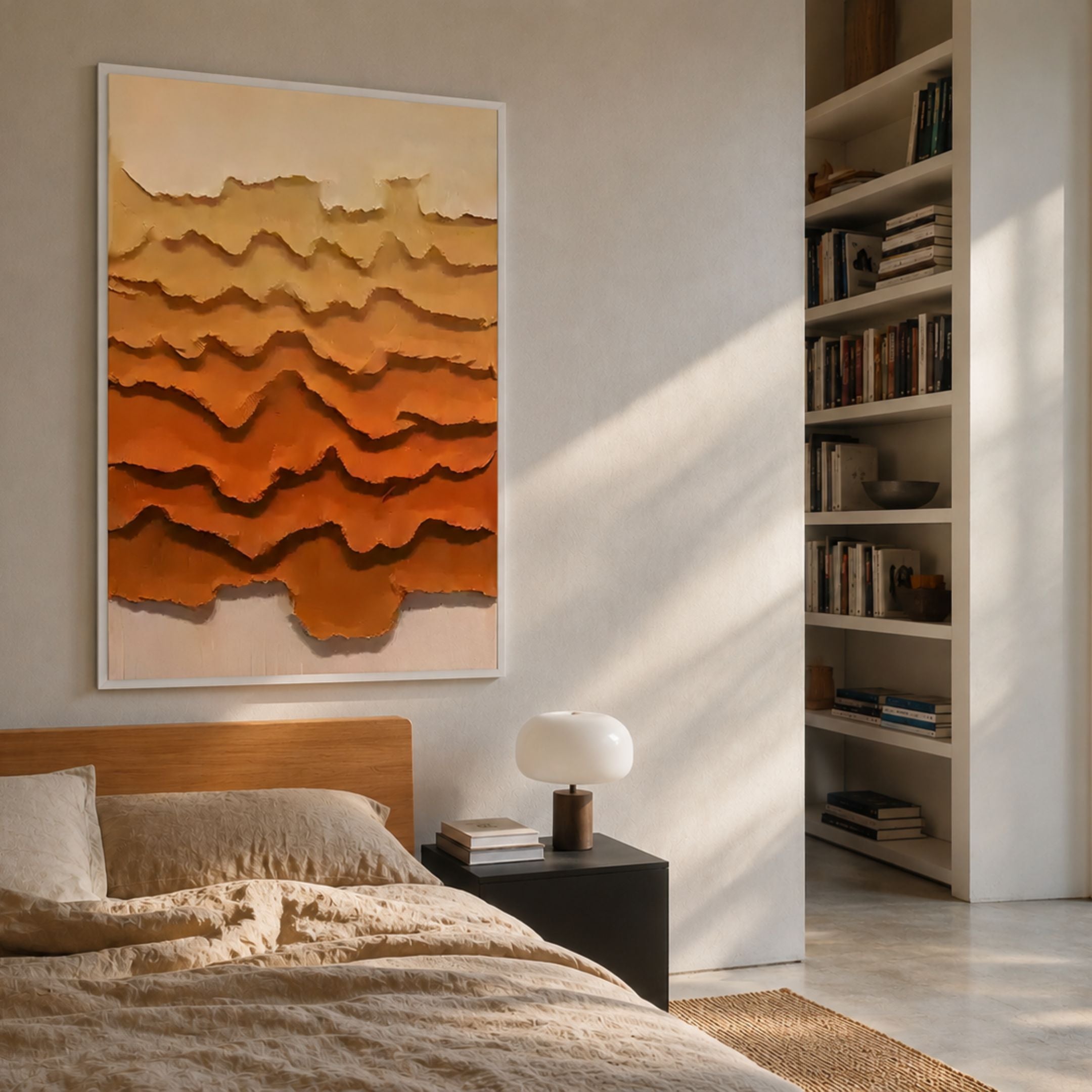 Cascade Rosewood Fade Paper 3D Wall Art by Giant Sculptures with layered torn paper in cream to burnt orange tones, displayed above a wooden bed beside a bookshelf.