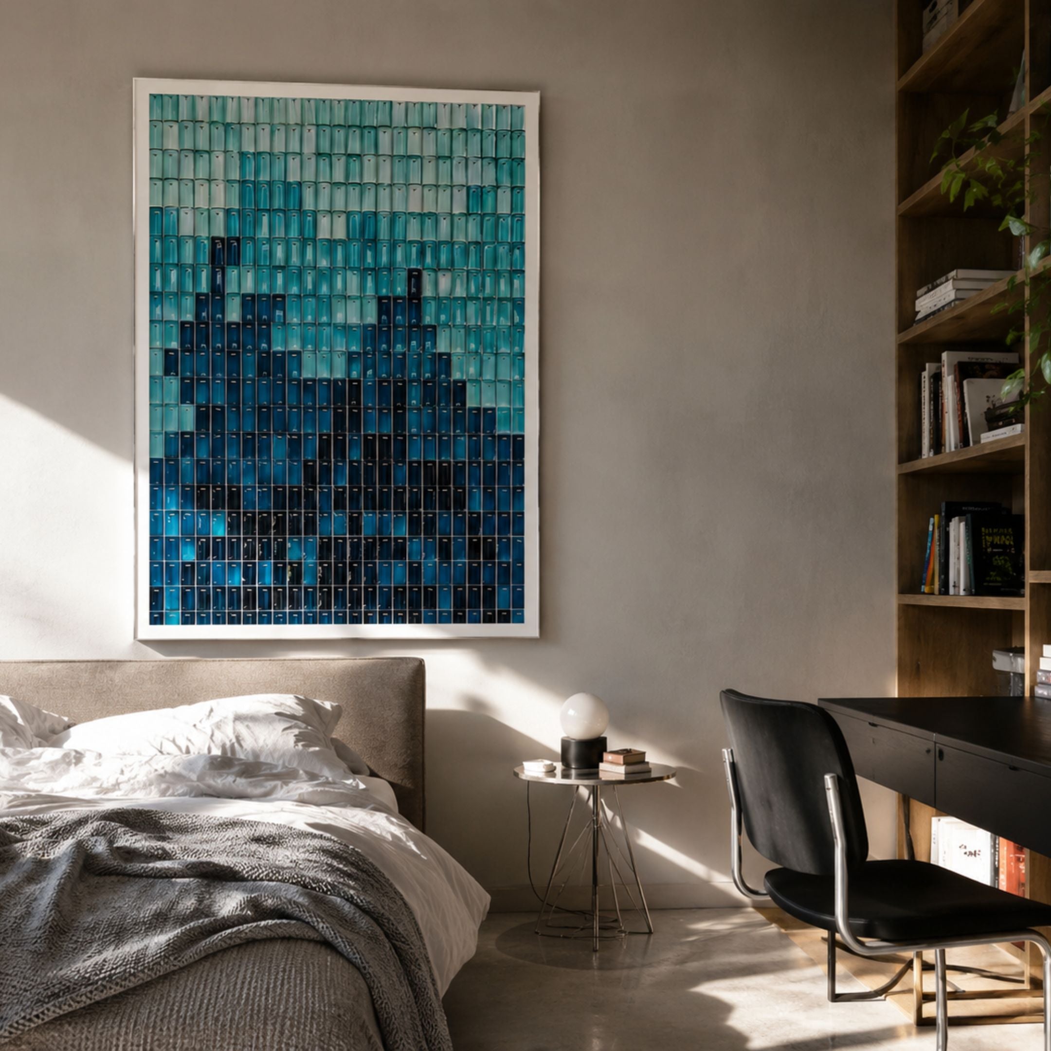 Prism Azure Fade Rectangular Framed Acrylic 3D Wall Art mounted above an upholstered bed in a modern bedroom with a side table, desk and bookshelf.