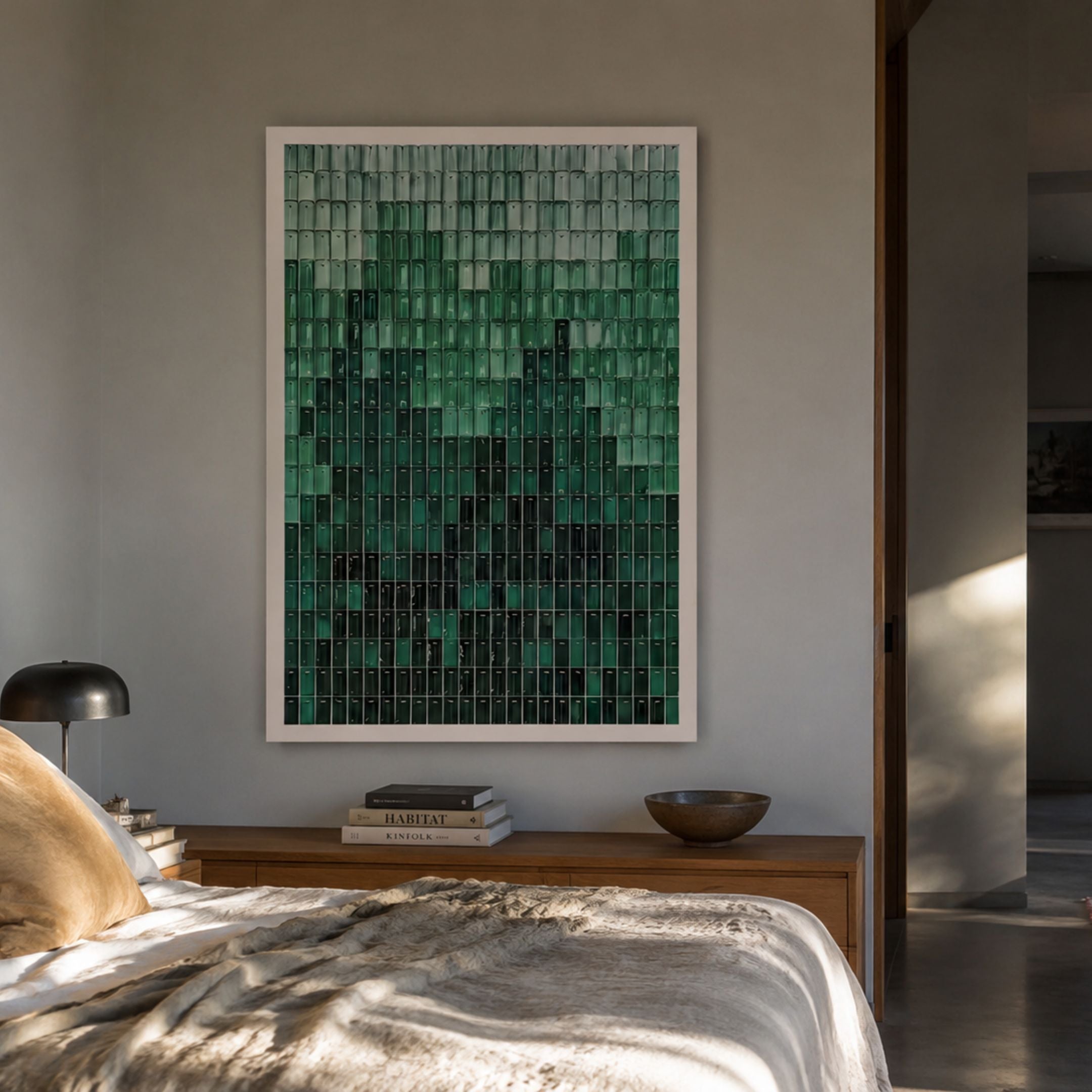 Prism Emerald Fade Rectangular Acrylic 3D Wall Art in a white frame above a wooden console with books, displayed in a modern bedroom beside a linen bed.