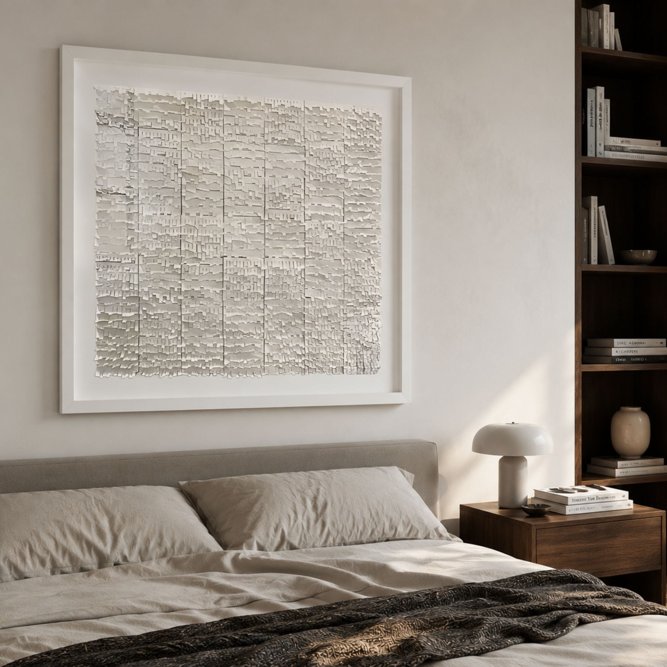Terraform Grid Relief Paper 3D Wall Art in a white frame above an upholstered bed, beside a walnut bookshelf and mushroom lamp in a neutral bedroom.