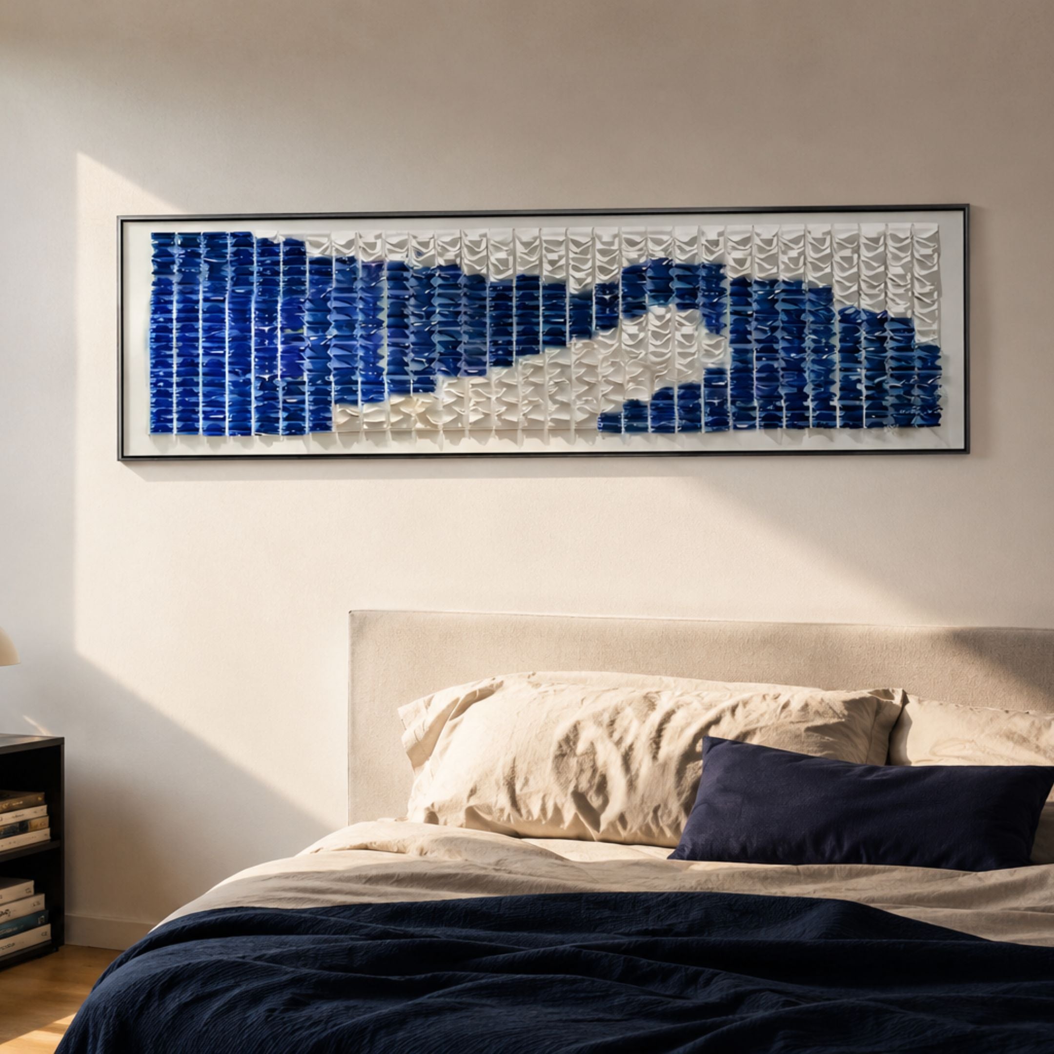 Waveform Indigo Peak Form Acrylic 3D Wall Art by Giant Sculptures displayed horizontally above a cream upholstered bed with navy and linen bedding.