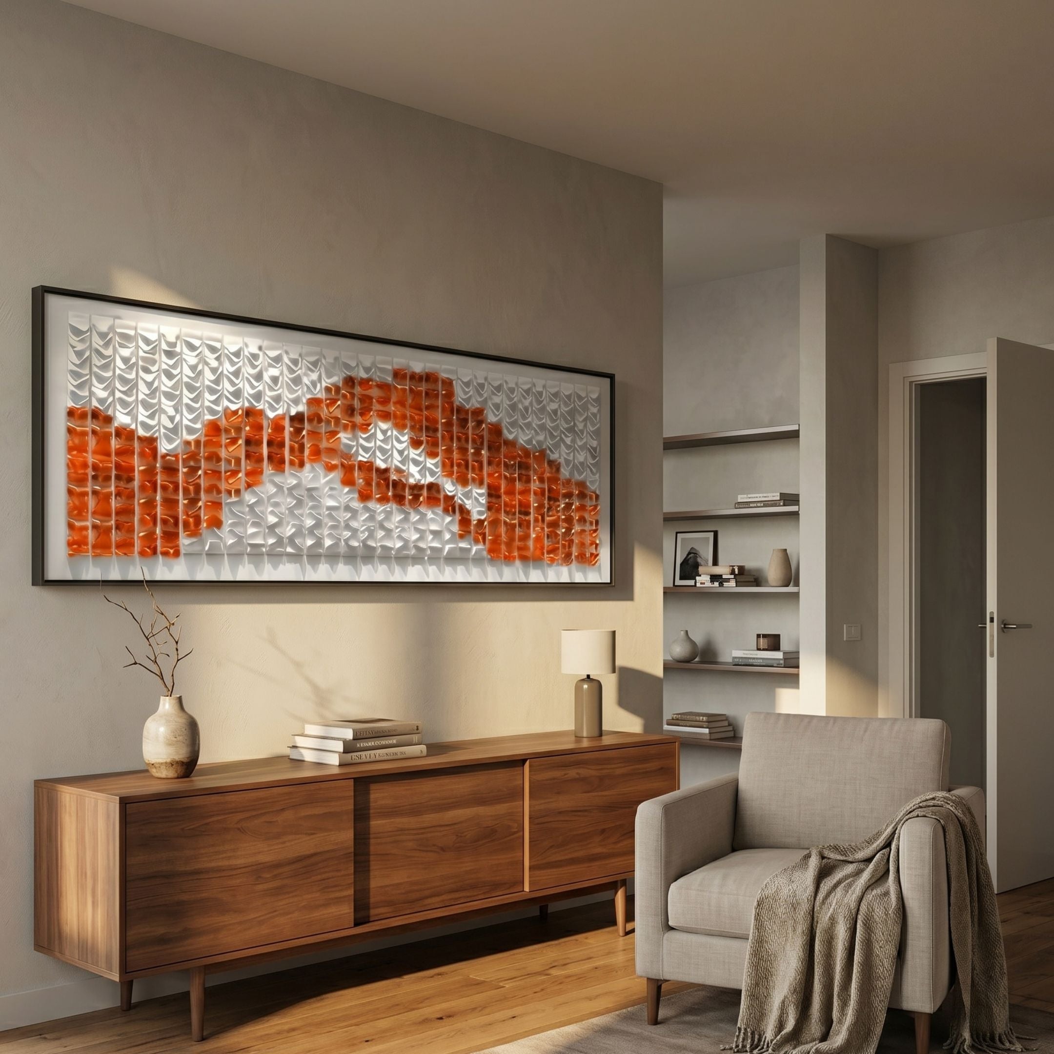 Waveform Orange Surge Acrylic 3D Wall Art by Giant Sculptures mounted above a walnut sideboard in a modern living room with armchair and shelving.