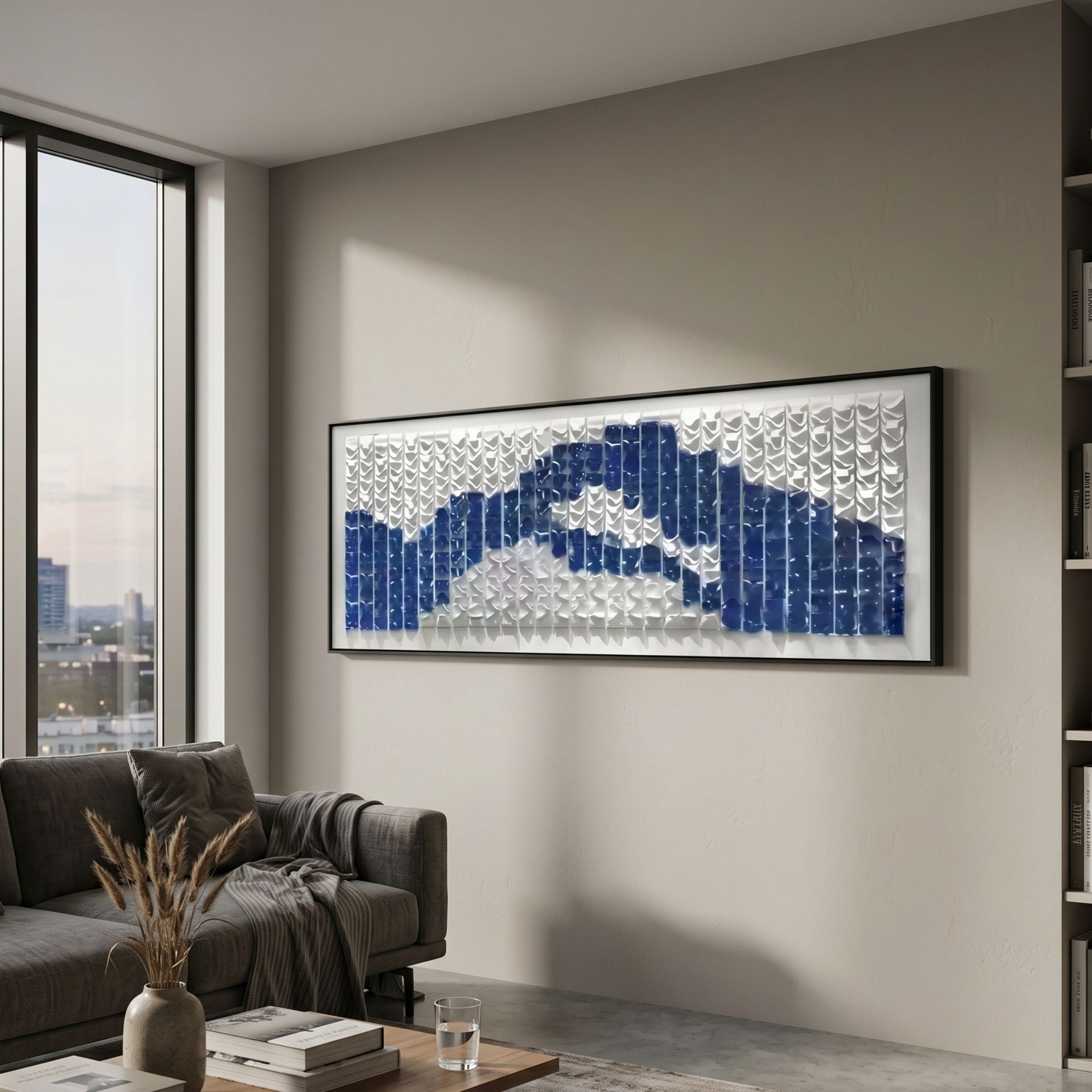 Waveform Blue Ripple Acrylic 3D Wall Art by Giant Sculptures in a thin black frame, mounted above a grey sofa in a modern living room with a city-view window.
