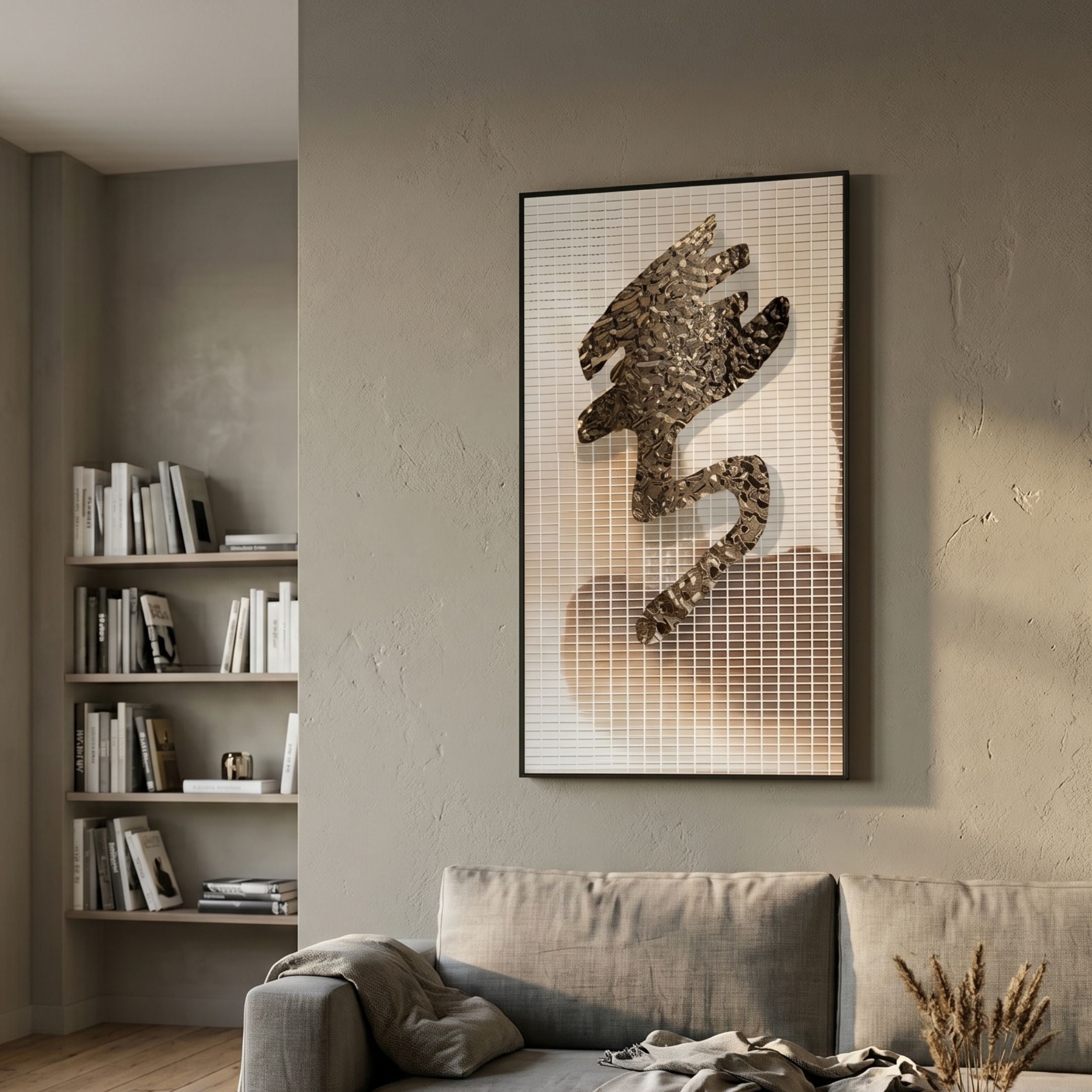Rise Sculpted Bronze Flame Path Metal 3D Wall Art by Giant Sculptures, hammered bronze flame form on an ivory gridded acrylic panel, mounted in a modern living room above a grey sofa beside a bookshelf.
