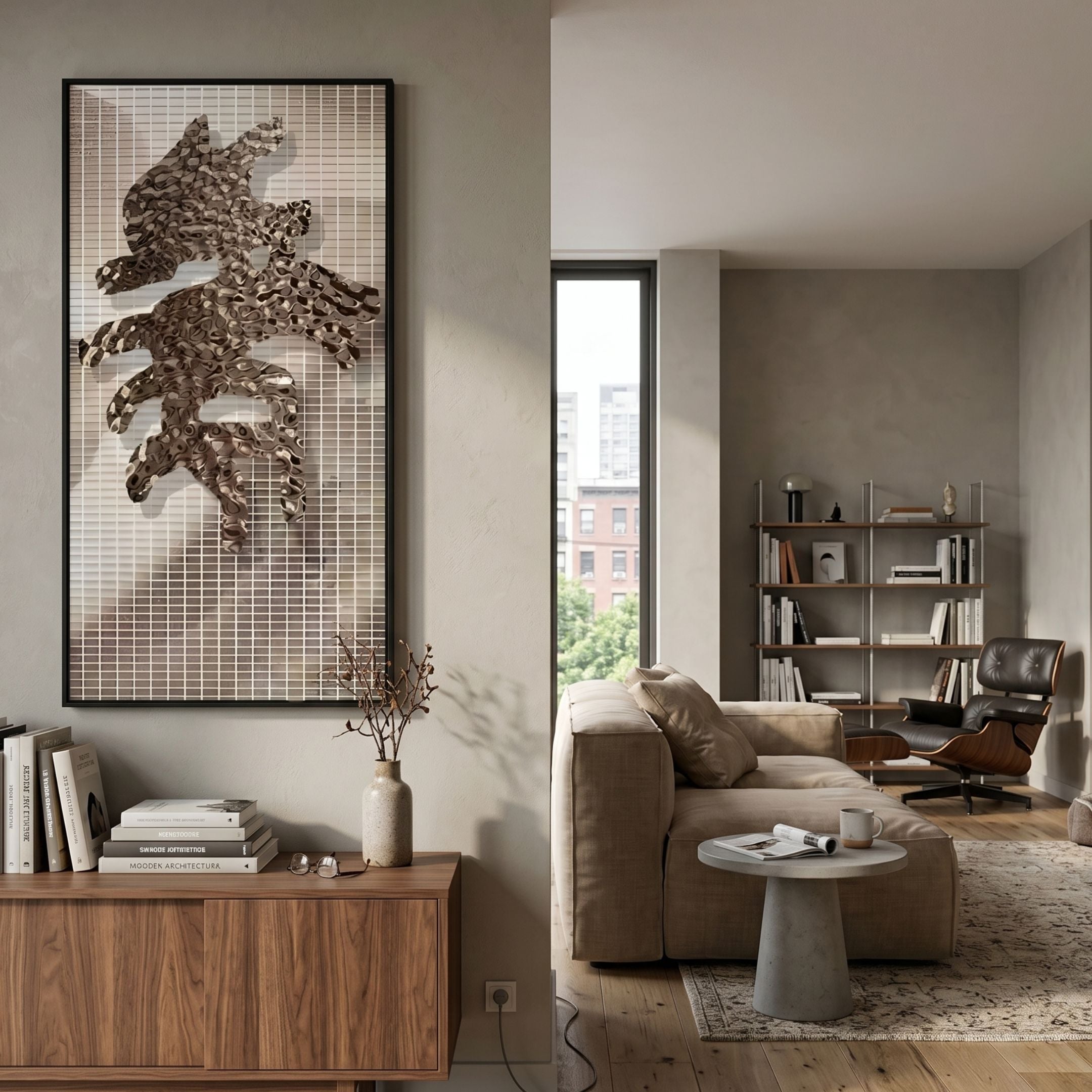 Rise Deep Bronze Crest Form Metal 3D Wall Art by Giant Sculptures, mounted above a walnut sideboard in a modern living room with a beige sofa and leather lounge chair.